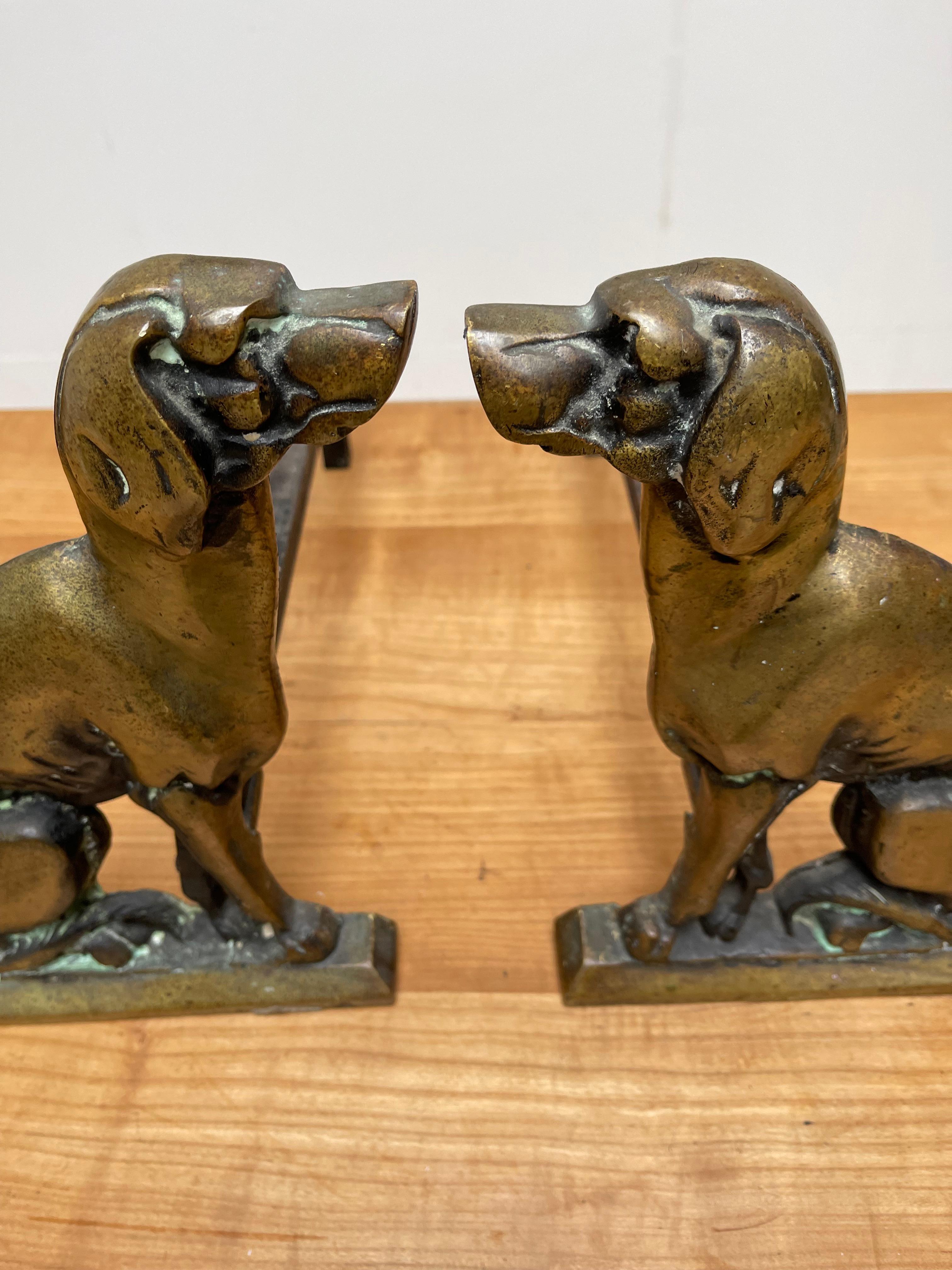 Can you imagine these in your fireplace with the flames all around?

These rare and all hand crafted, sitting dog andirons or chenets are made to stand in your fireplace. We have never before seen these beautiful bronze 'firedogs' (the name could