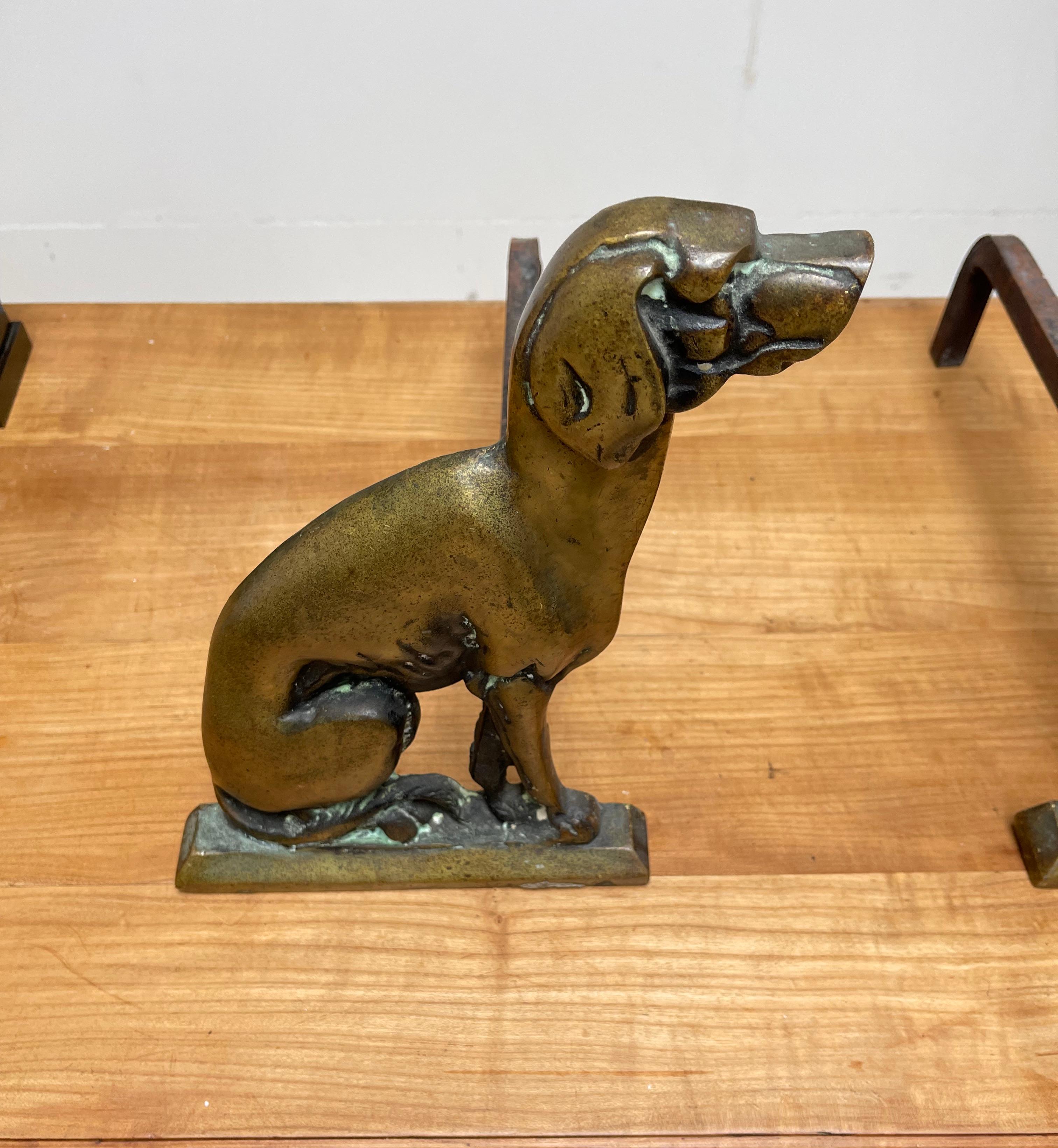 Late Victorian Antique Pair of Bronze & Wrought Iron Dog Andirons or Firedogs / Fireplace Tools
