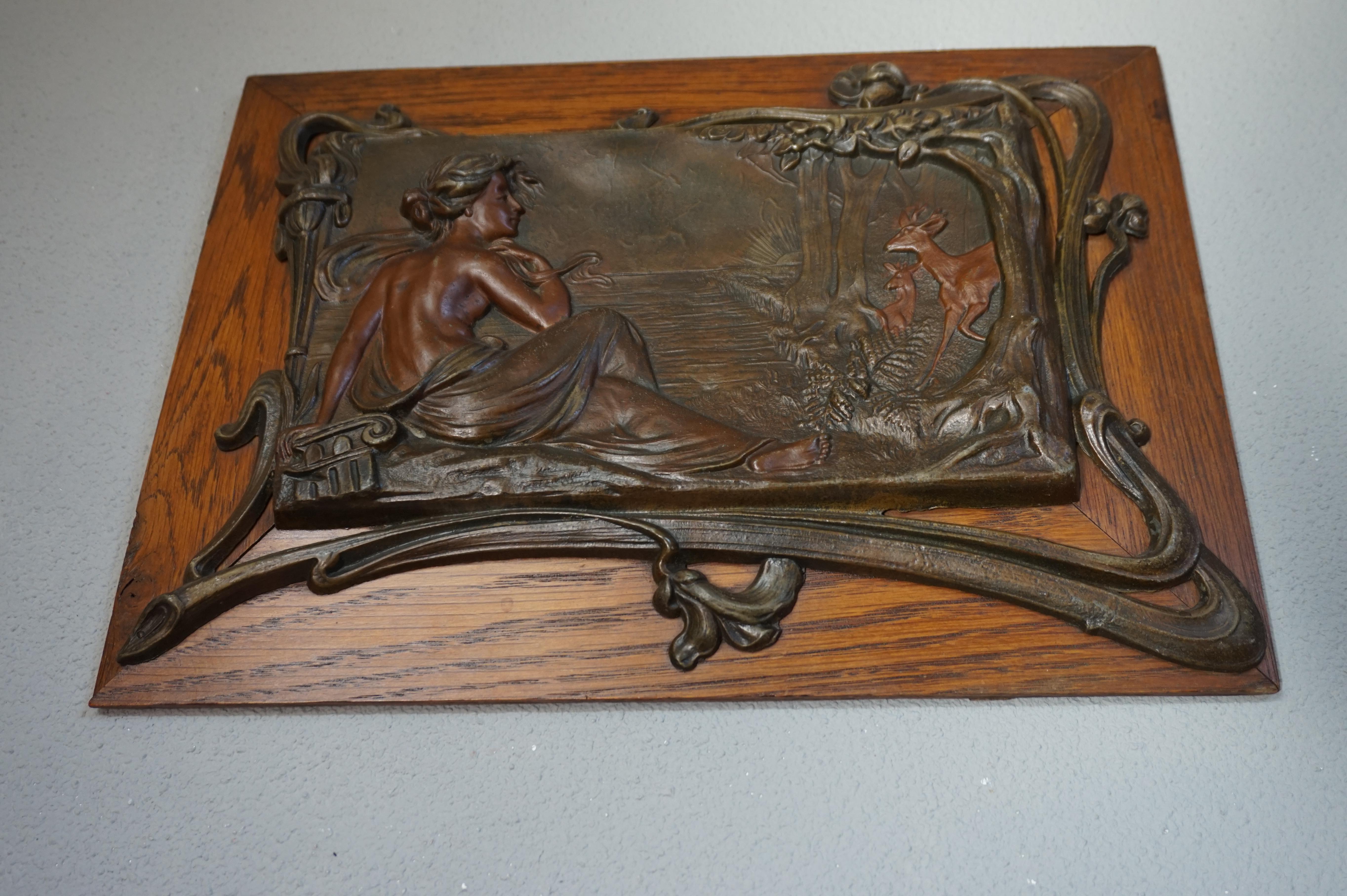 Antique Pair of Bronzed Metal Jugendstil Wall Plaques with Female Sculptures 3