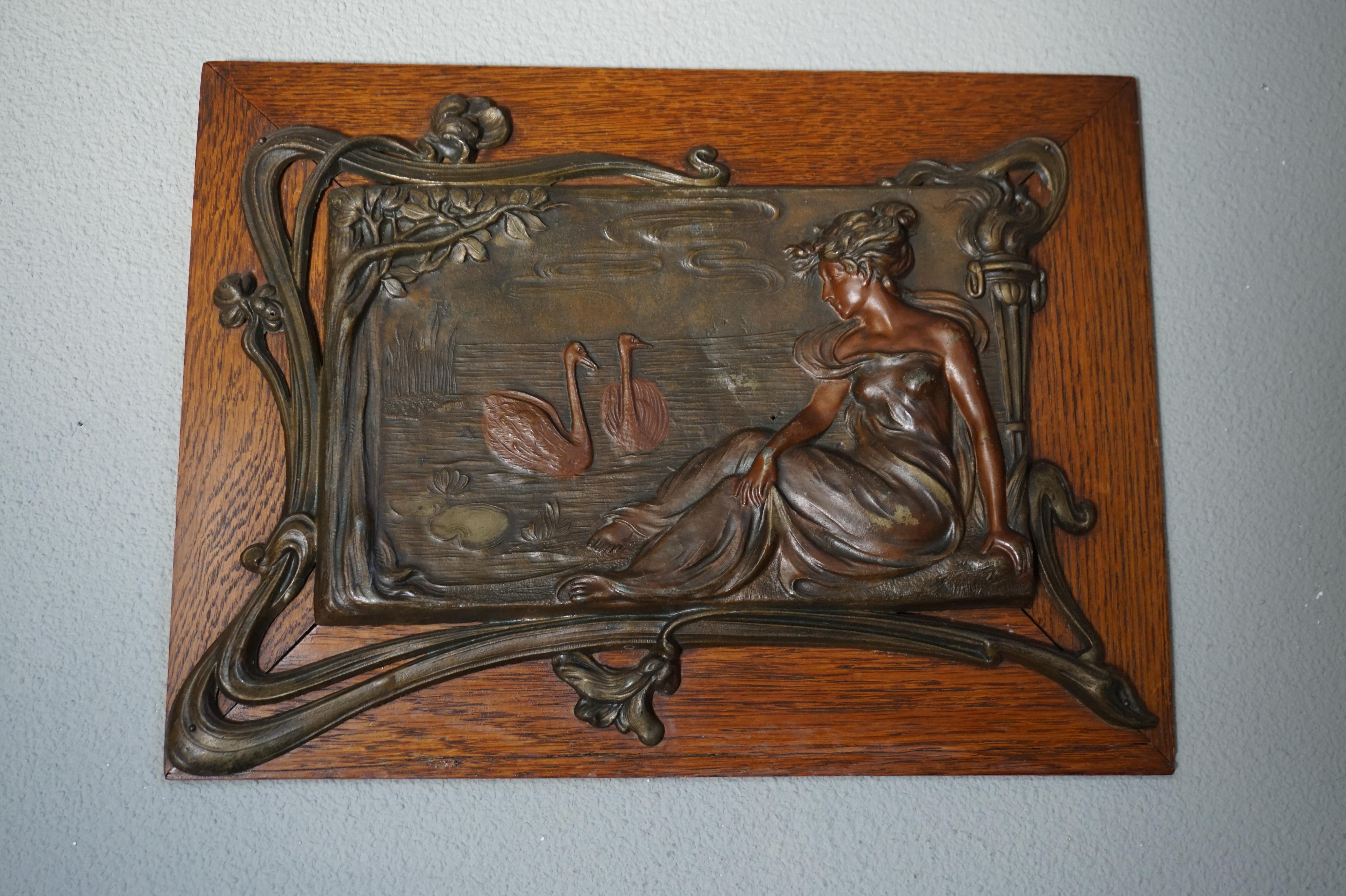 Antique Pair of Bronzed Metal Jugendstil Wall Plaques with Female Sculptures 8