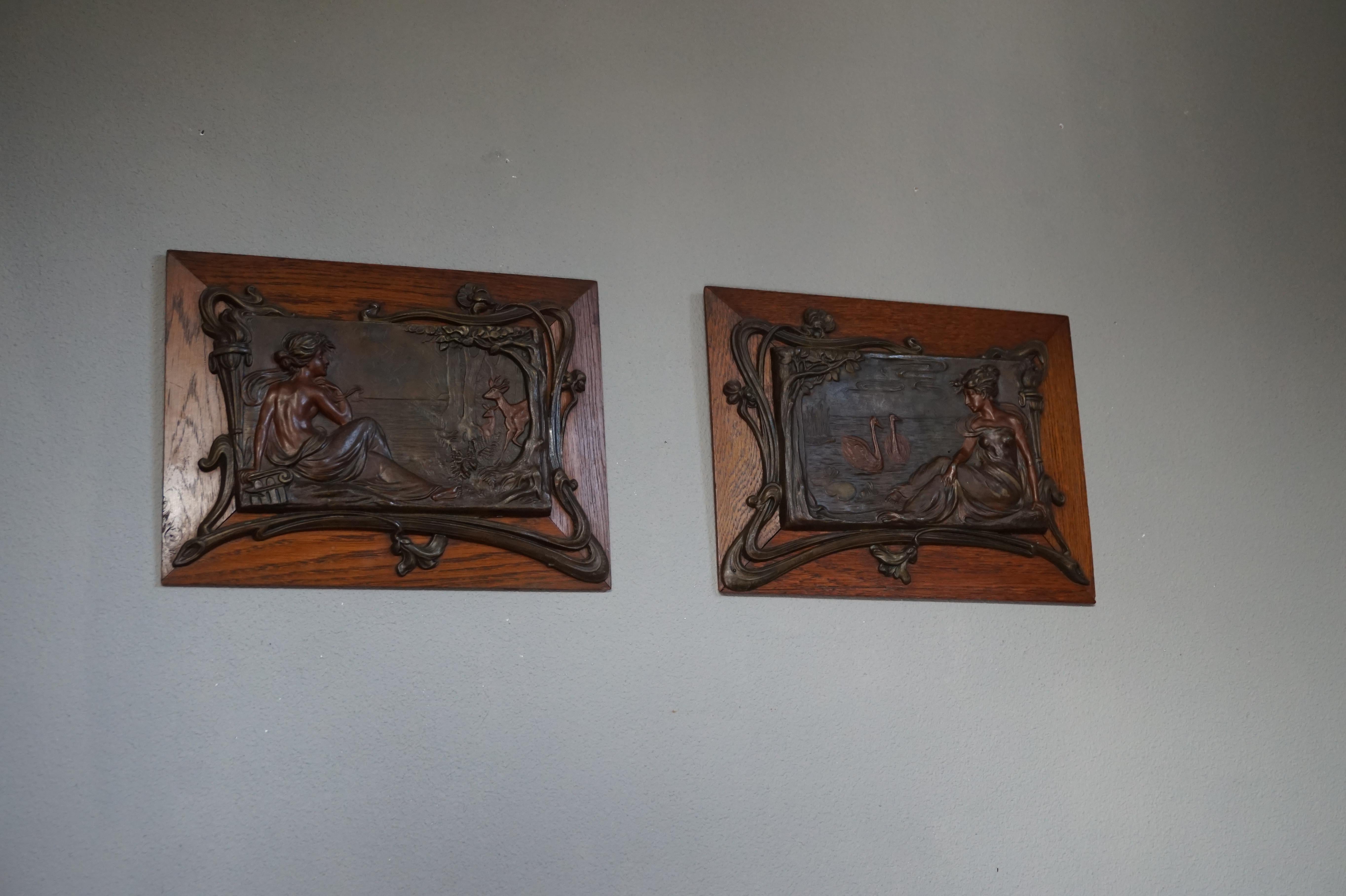 Antique Pair of Bronzed Metal Jugendstil Wall Plaques with Female Sculptures 11