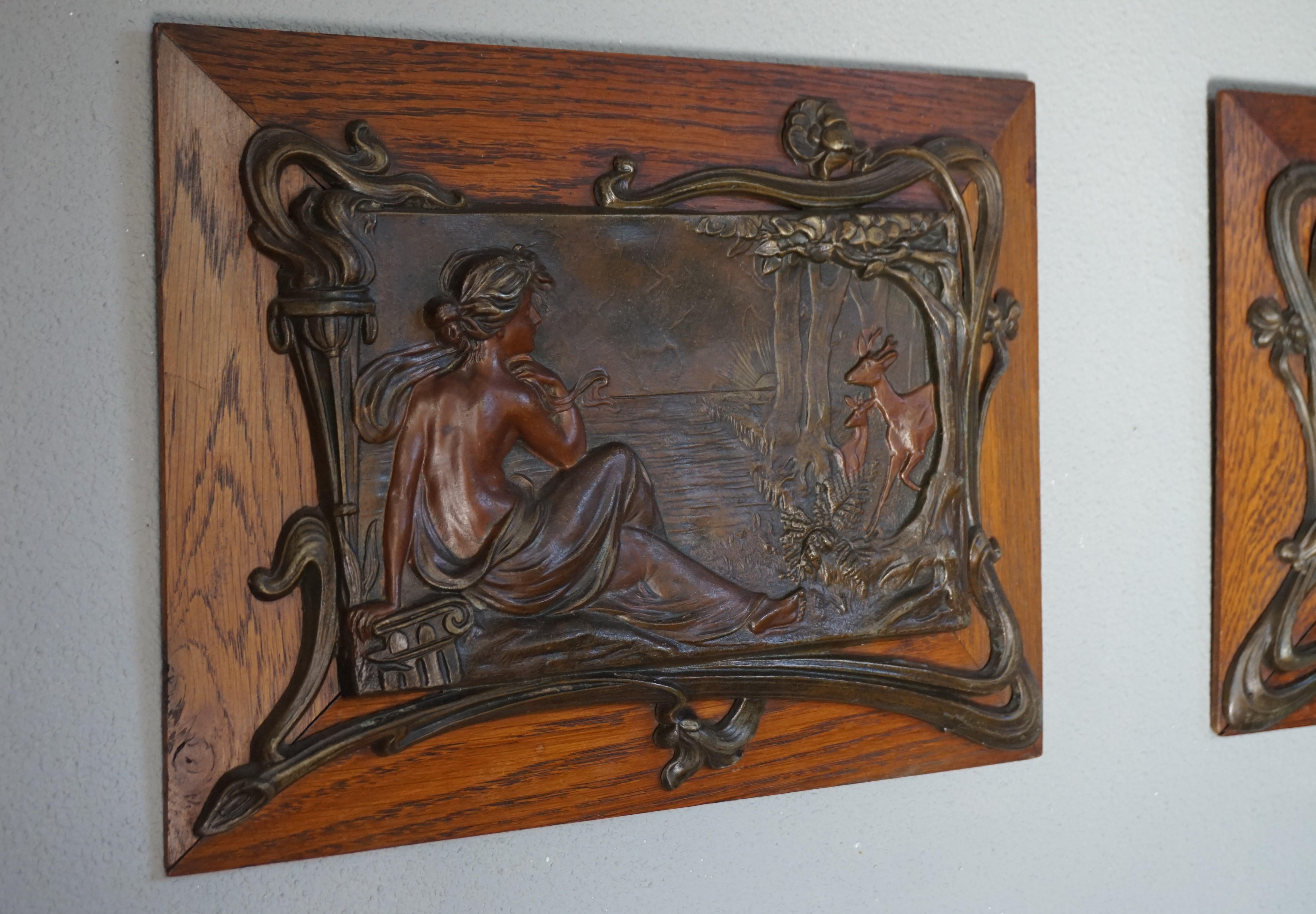 Patinated Antique Pair of Bronzed Metal Jugendstil Wall Plaques with Female Sculptures
