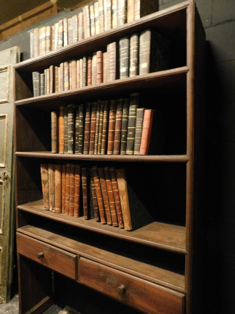 Antique Pair of Brown Wood Poplar Bookcases, Drawers Shelves, 18th Century Italy at 1stDibs