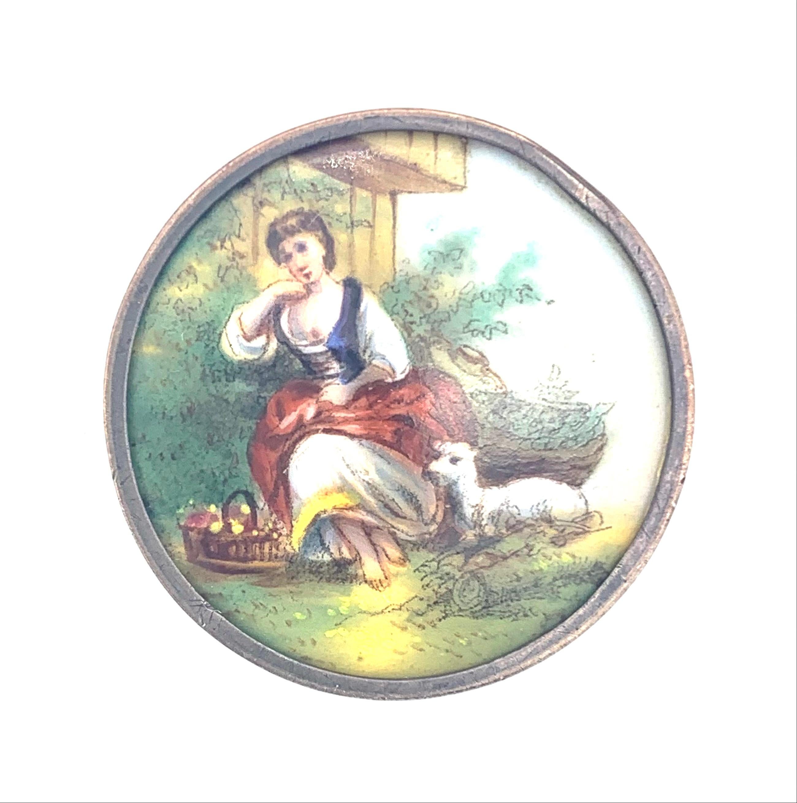 Début de l'époque victorienne Ancienne paire de boutons de sac Piper Flower Girl Pastural Scenes Silver doré en vente