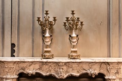Antique Pair of Candelabra, 4 Bronze and Ceramic Arms, Carved Putti, 1800, Italy