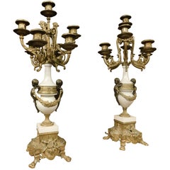 Antique Pair of Candelabra, 4 Bronze and Ceramic Arms, Carved Putti, 1800, Italy