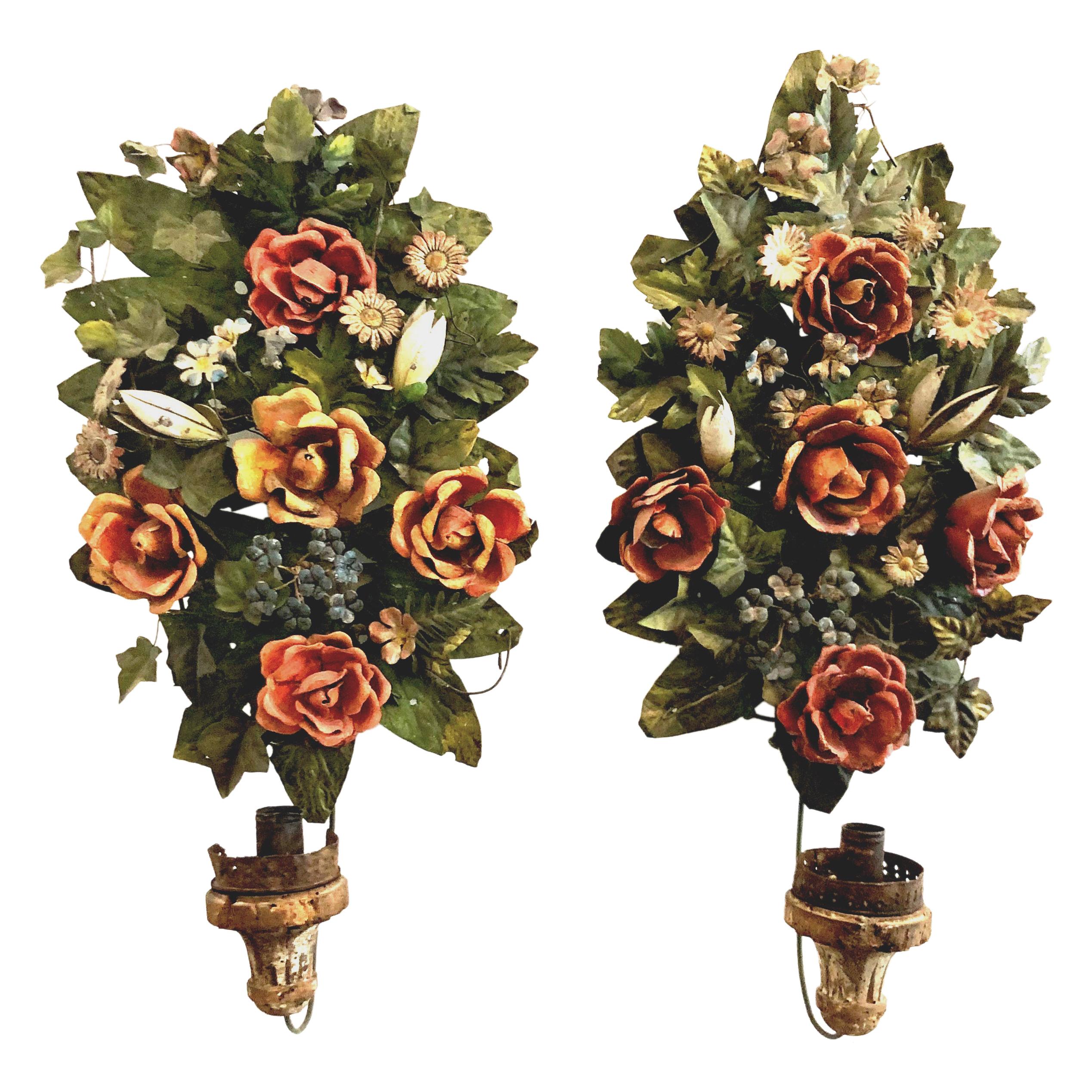 Antique Pair of Candle Appliques Bouquets of Flowers Painted Metall For Sale