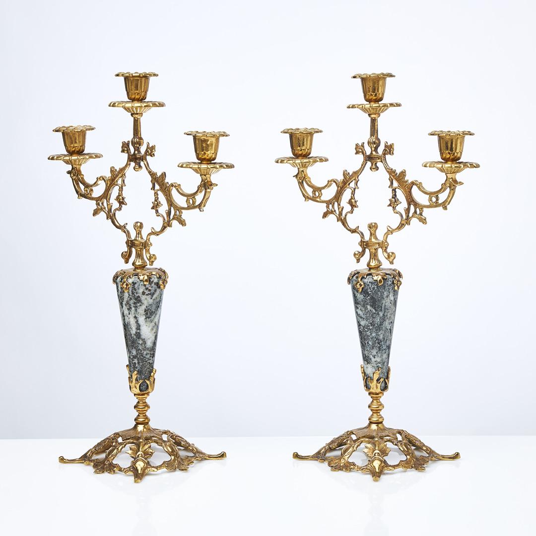 Swedish Antique Pair of Candle Holder Golden Brass and Marble Rococo Style Candlesticks For Sale
