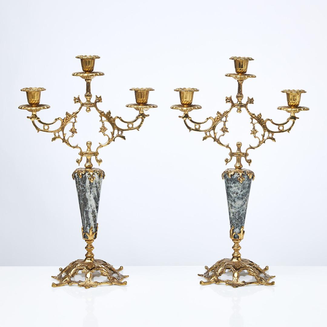 Gilt Antique Pair of Candle Holder Golden Brass and Marble Rococo Style Candlesticks