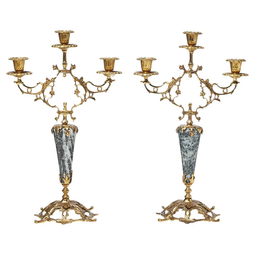 Antique Pair of Candle Holder Golden Brass and Marble Rococo Style Candlesticks For Sale