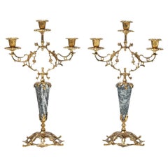 Antique Pair of Candle Holder Golden Brass and Stone Rococo Style Candlesticks