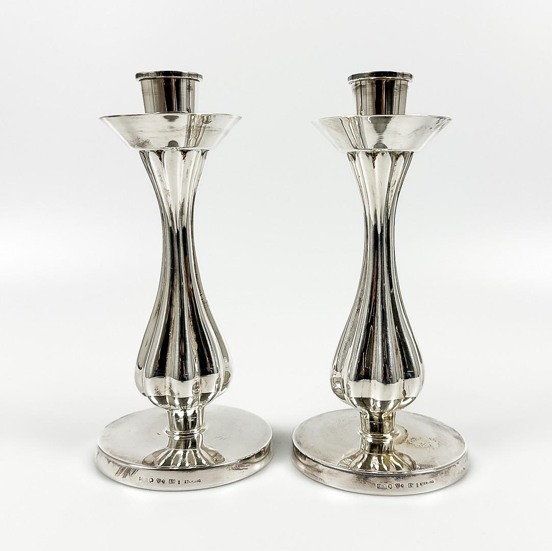 Antique Pair of Candle Holder Sterling Silver Art Deco Candlesticks, 1940s In Excellent Condition For Sale In Wembley, GB