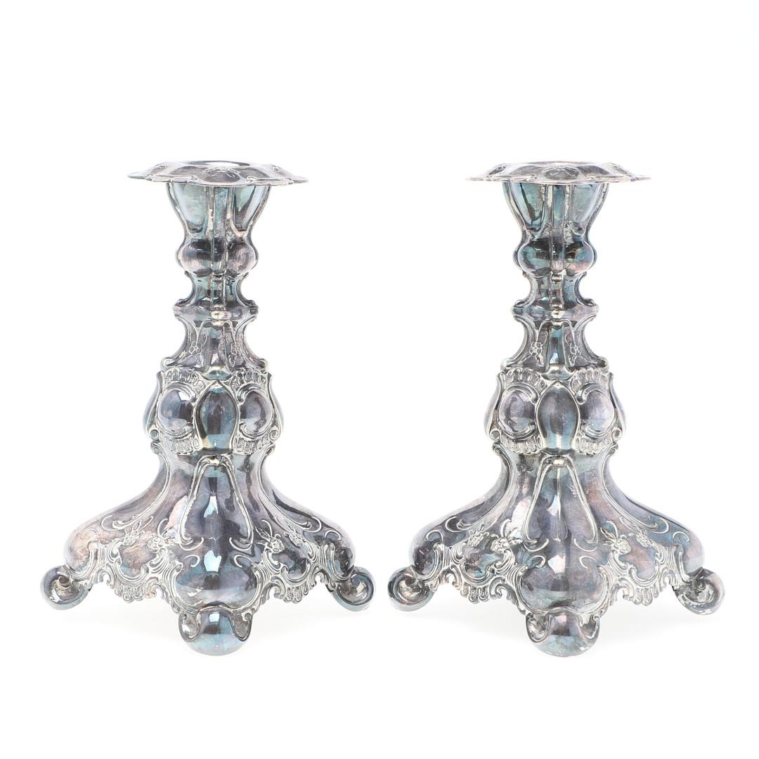Carved Pair of Candle Holder Sterling Silver Antique Rococo Style Candlesticks, 1937s For Sale