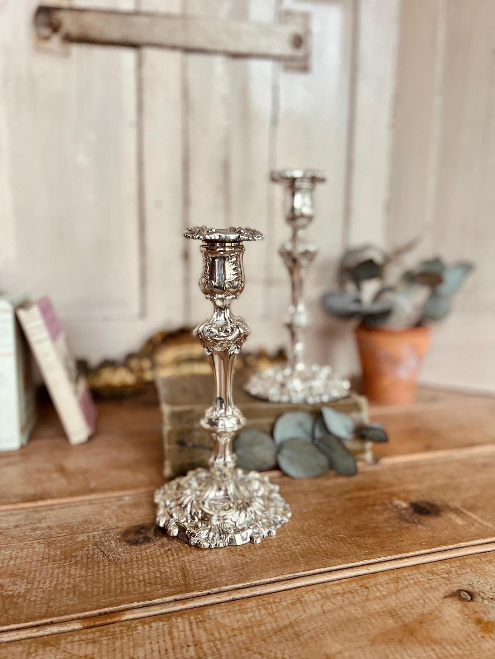 Early 19th Century Antique Pair of Candle Holder Sterling Silver Rococo Style Candlesticks, 1820s For Sale