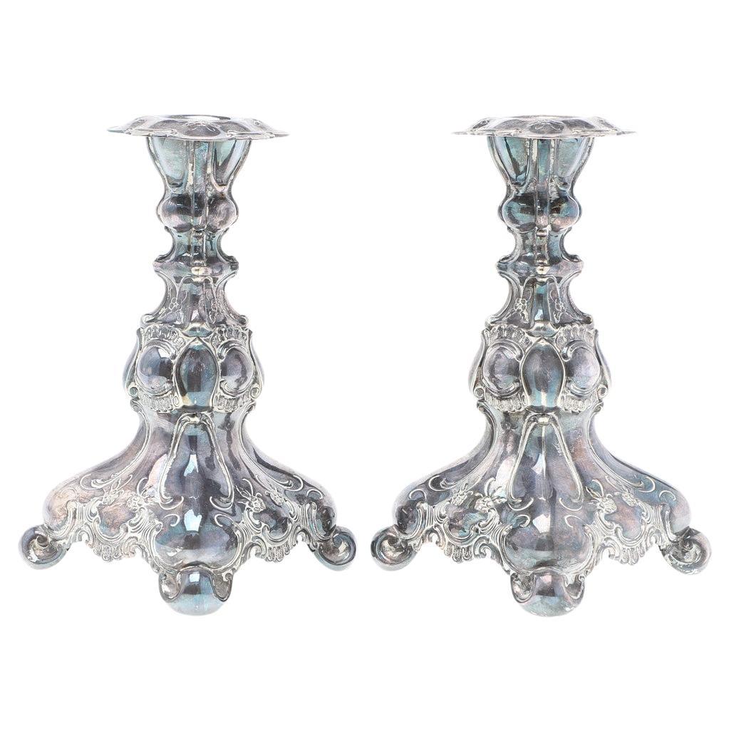 Pair of Candle Holder Sterling Silver Antique Rococo Style Candlesticks, 1937s For Sale