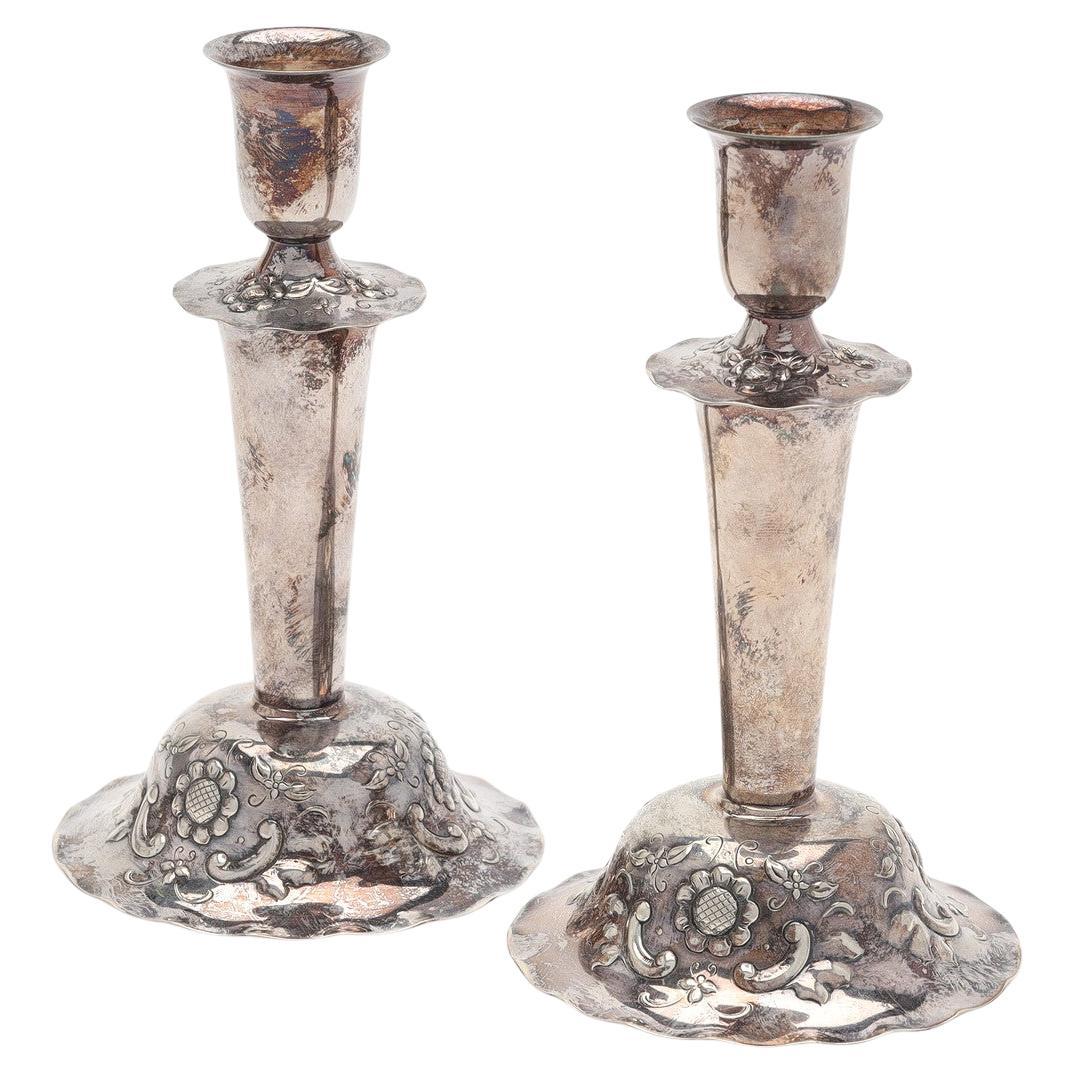Antique Pair of Candle Holder Sterling Silver Rococo Style Candlesticks, 1937s For Sale