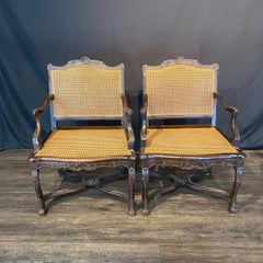 Antique Pair of Carved & Caned French Armchairs with Mohair Cushions