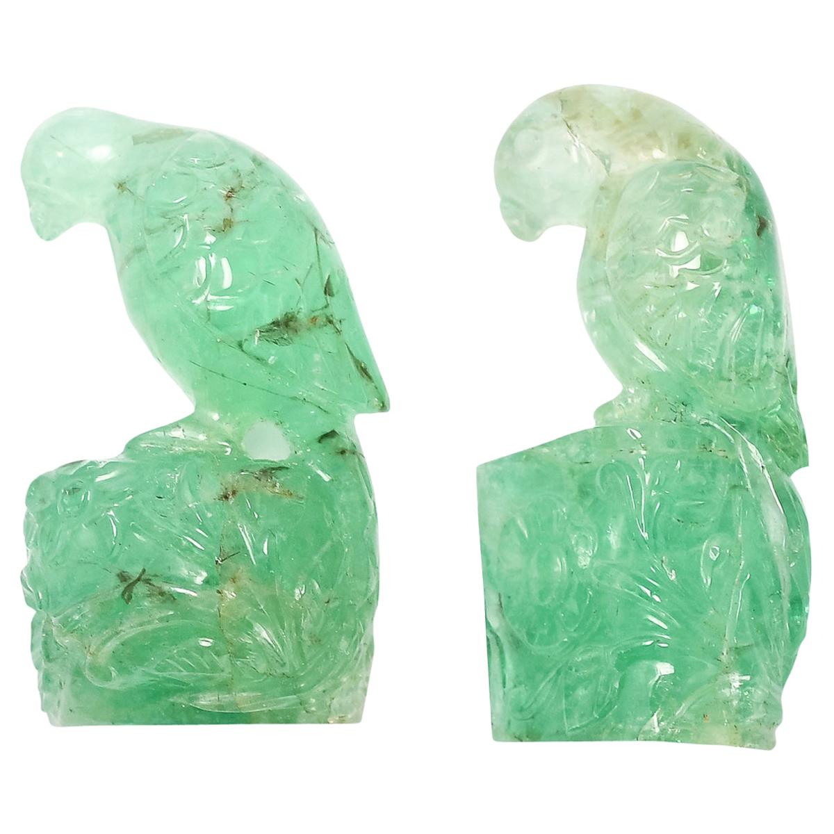Antique Pair of Carved Emerald Parrots For Sale