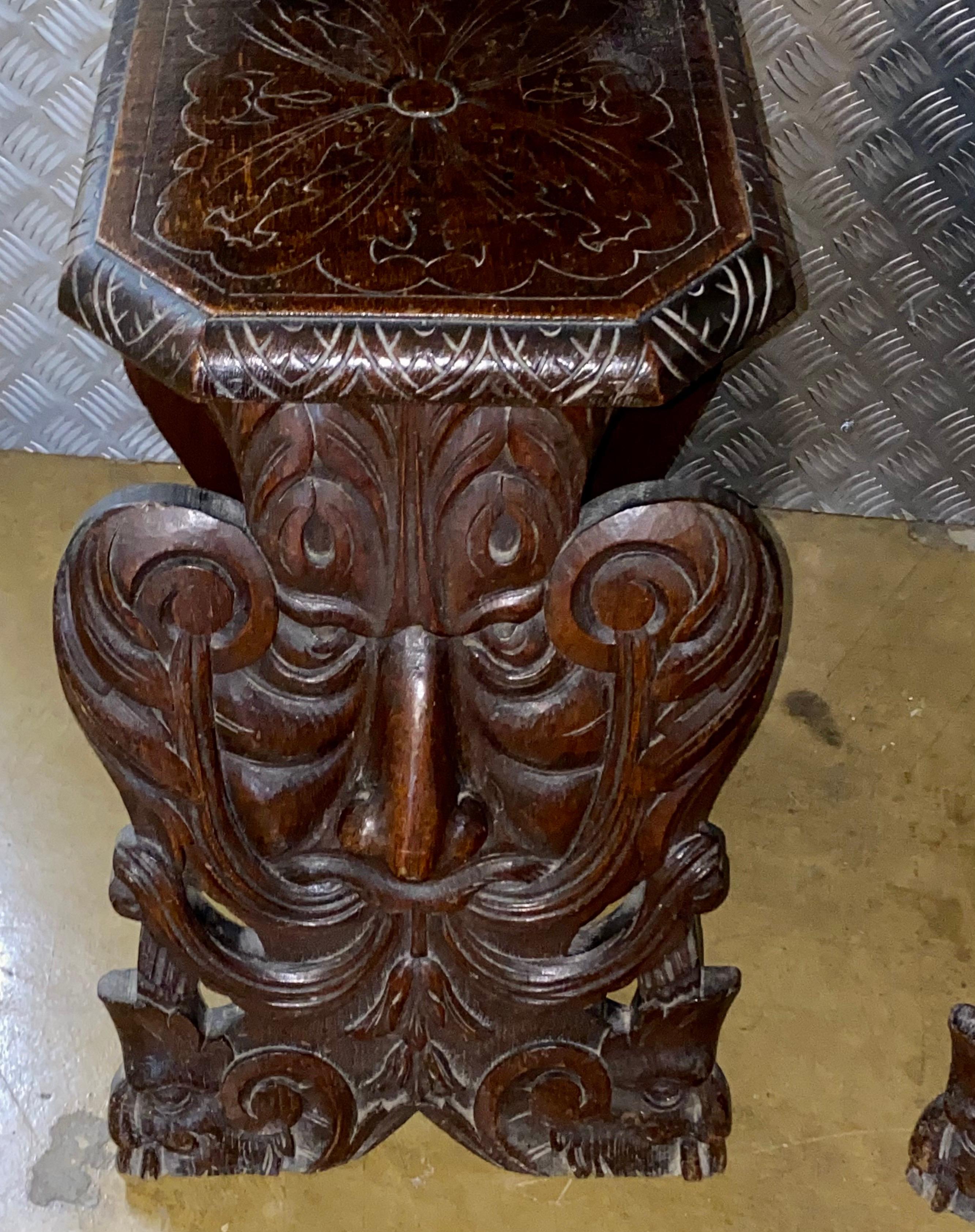Renaissance Revival Antique Pair of Carved Italian Walnut Sgabello Hall Chairs Early 19th Century