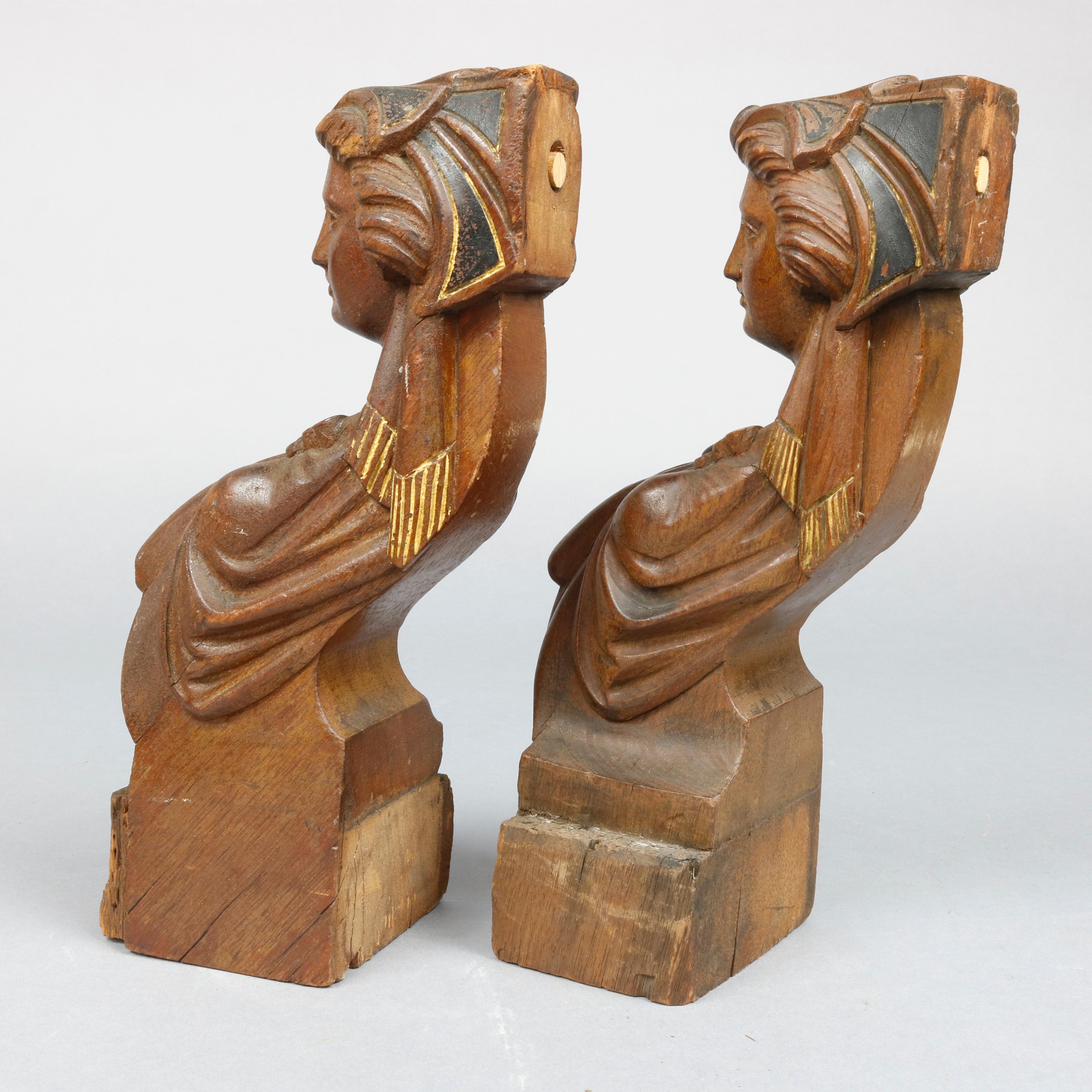 American Antique Pair of Carved Jelliff Walnut Woman Figure Architectural Elements