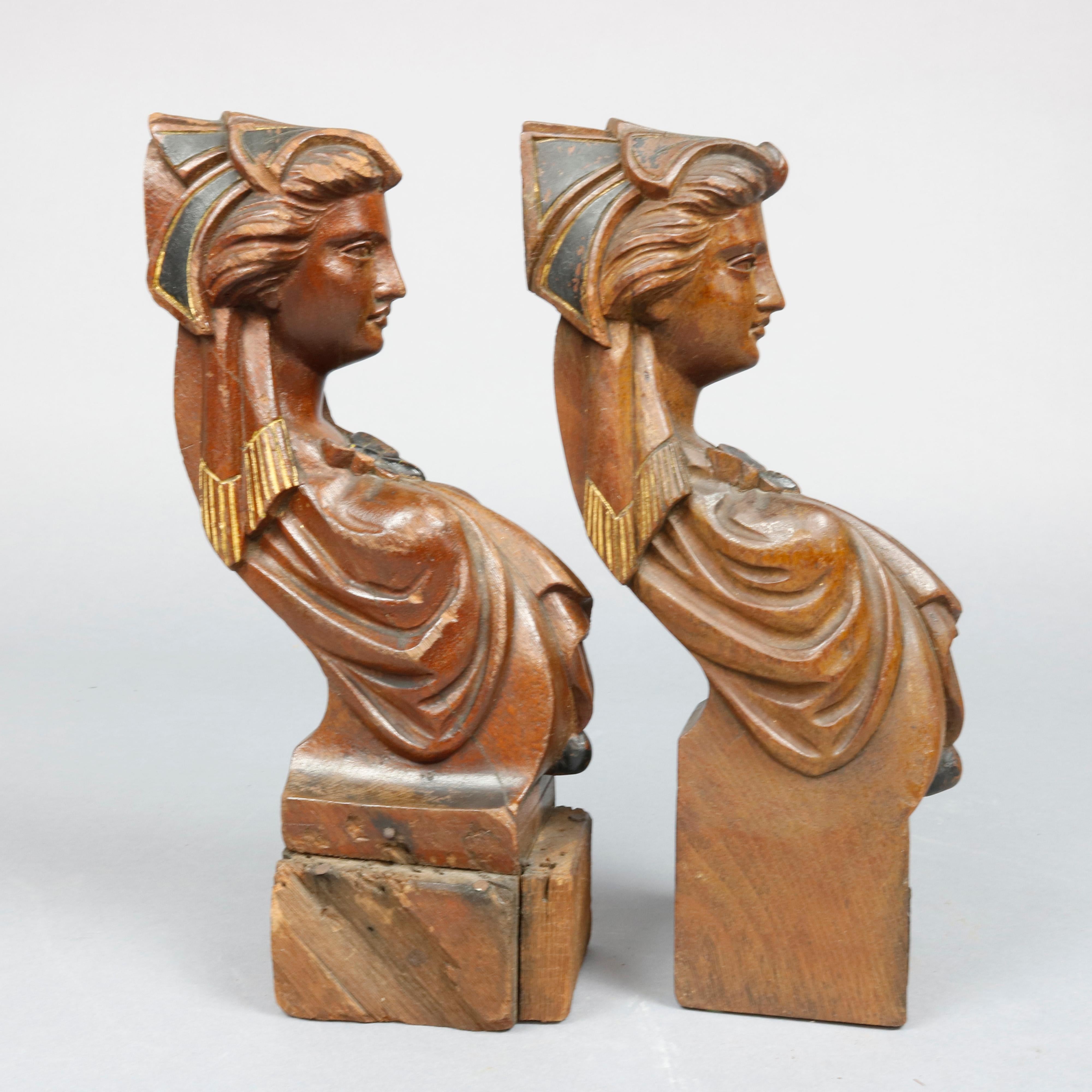 19th Century Antique Pair of Carved Jelliff Walnut Woman Figure Architectural Elements