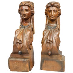 Antique Pair of Carved Jelliff Walnut Woman Figure Architectural Elements