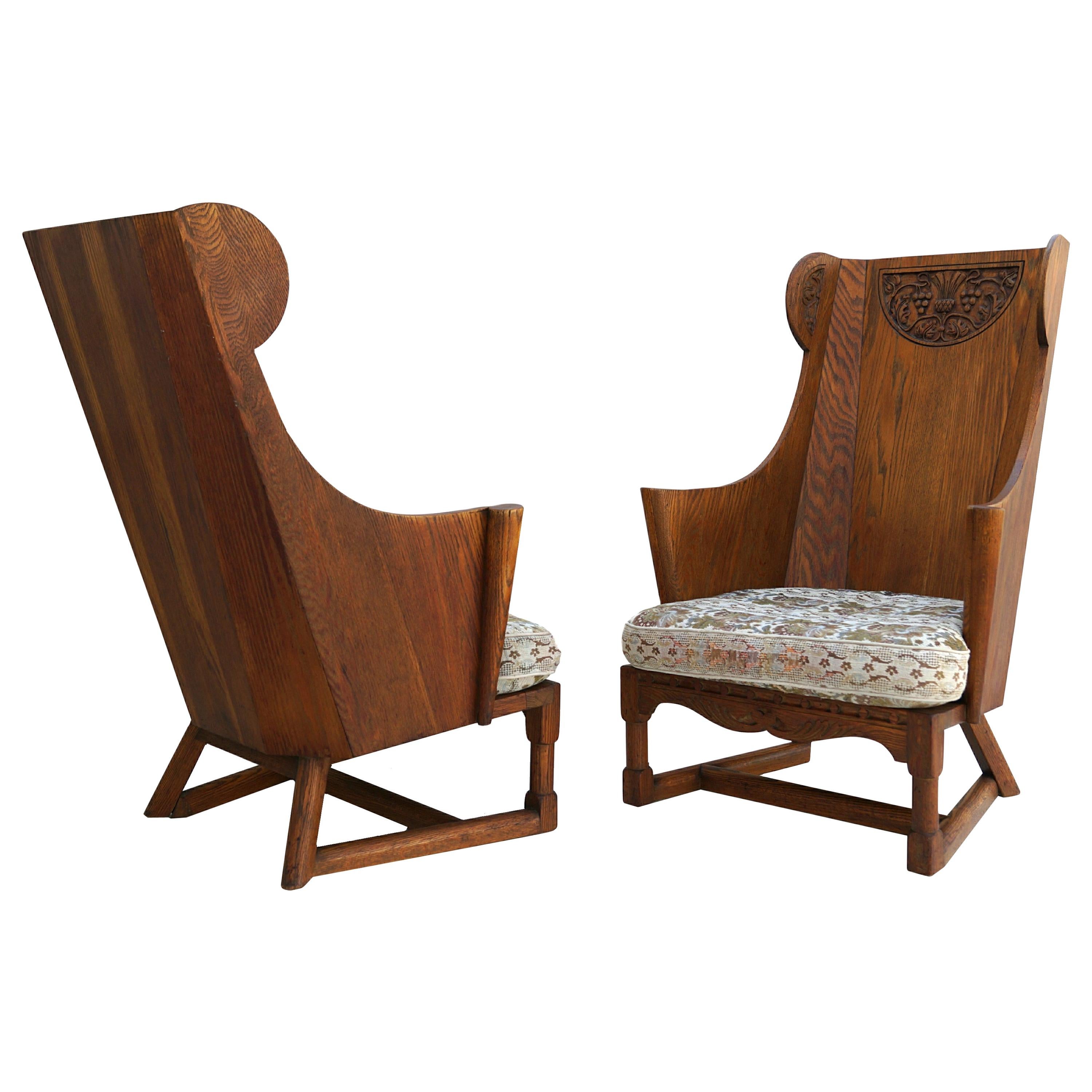 Antique Pair Of Carved Oak Lounge, Antique Wooden Wingback Chair
