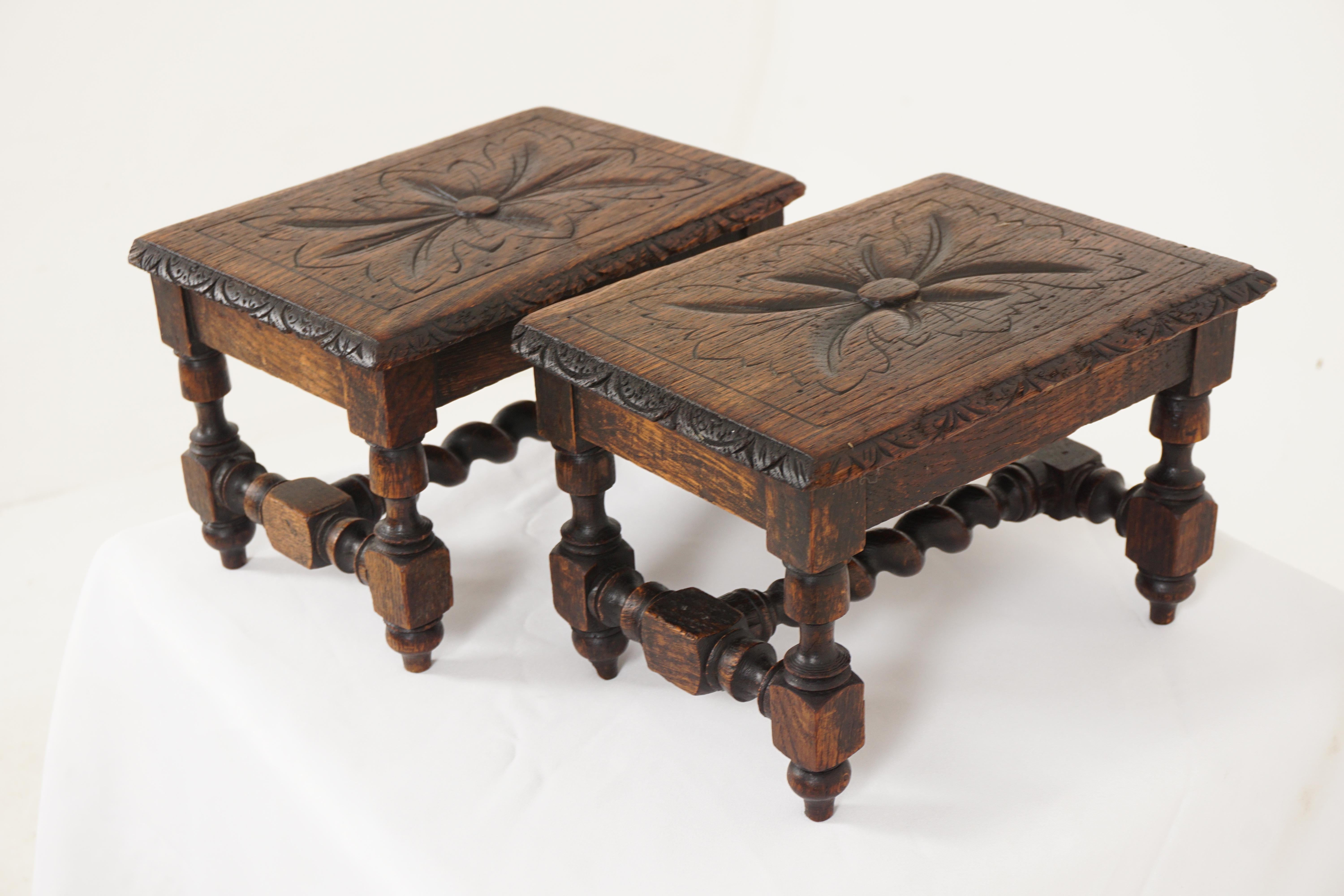 Antique Pair Of Carved Oak Victorian Footstools, Scotland 1870, B2685

Scotland 1870
Solid Oak 
Original Finish
Carved Rectangular Top 
Standing on four legs 
Connected by turned barley twist stretchers
Selling as a pair

Measures: 11.5W x