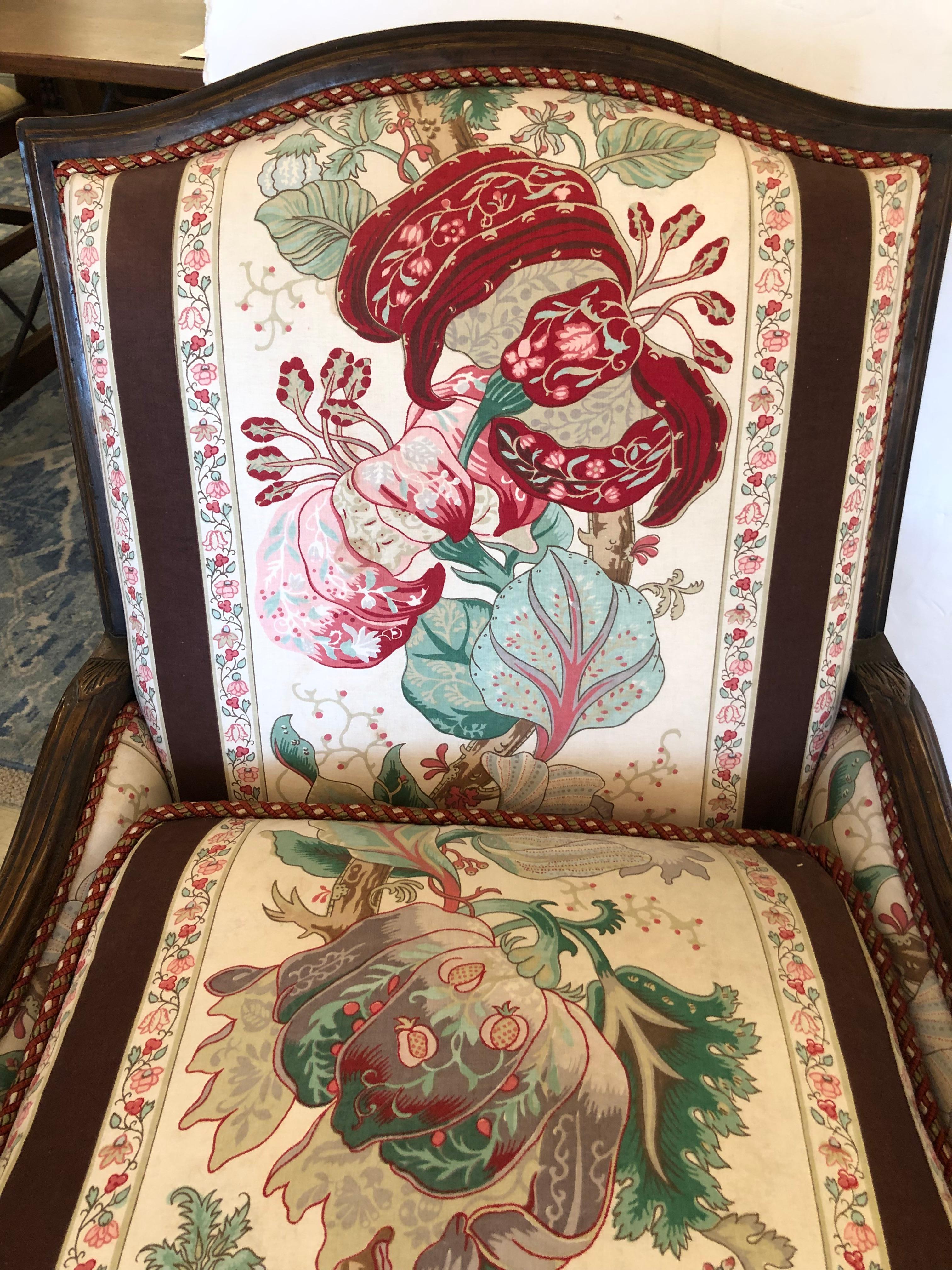 Antique Pair of Carved Walnut & Chintz Down Filled Bergere Club Chairs For Sale 7