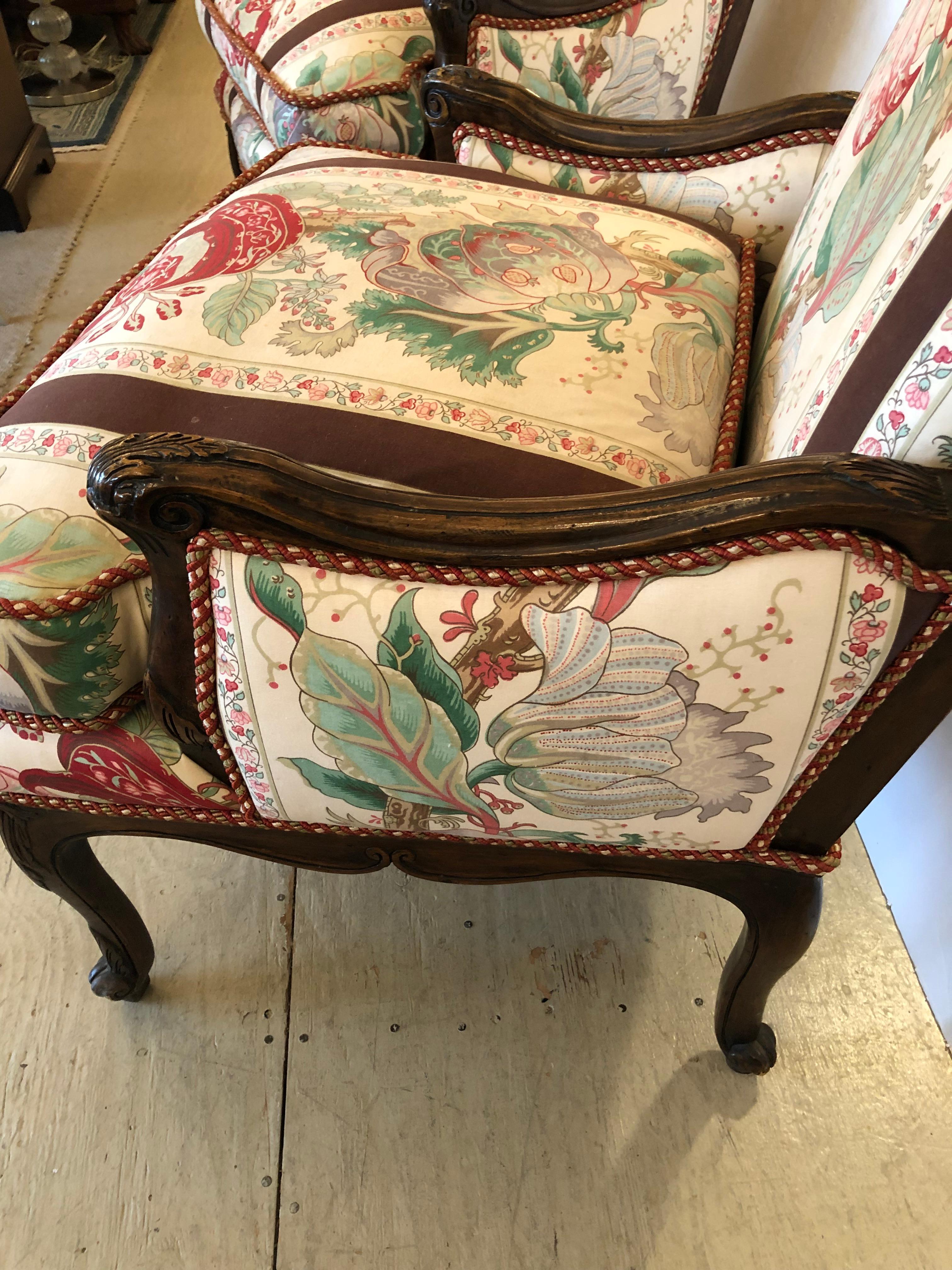 Louis XVI Antique Pair of Carved Walnut & Chintz Down Filled Bergere Club Chairs For Sale
