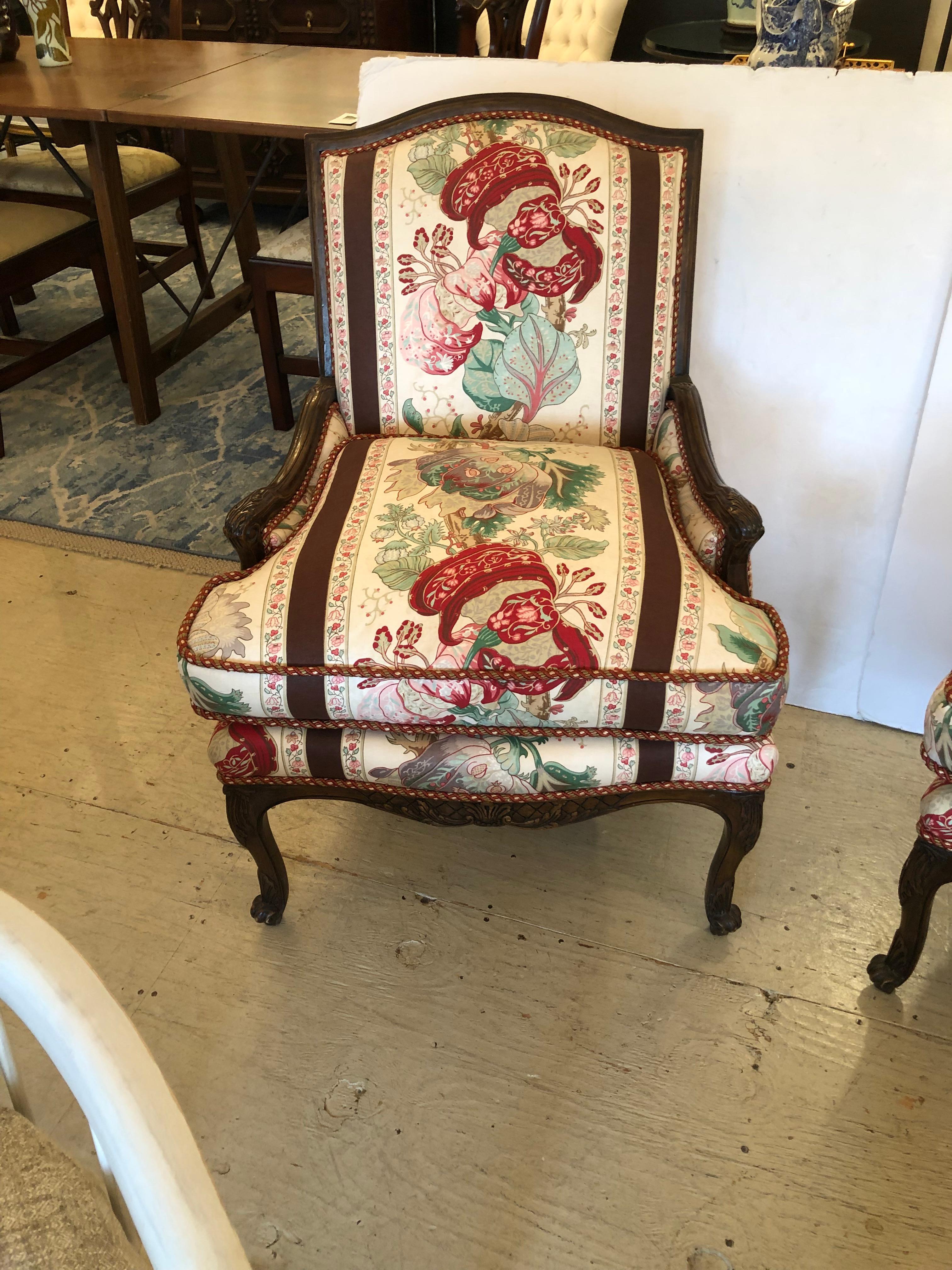 French Antique Pair of Carved Walnut & Chintz Down Filled Bergere Club Chairs For Sale