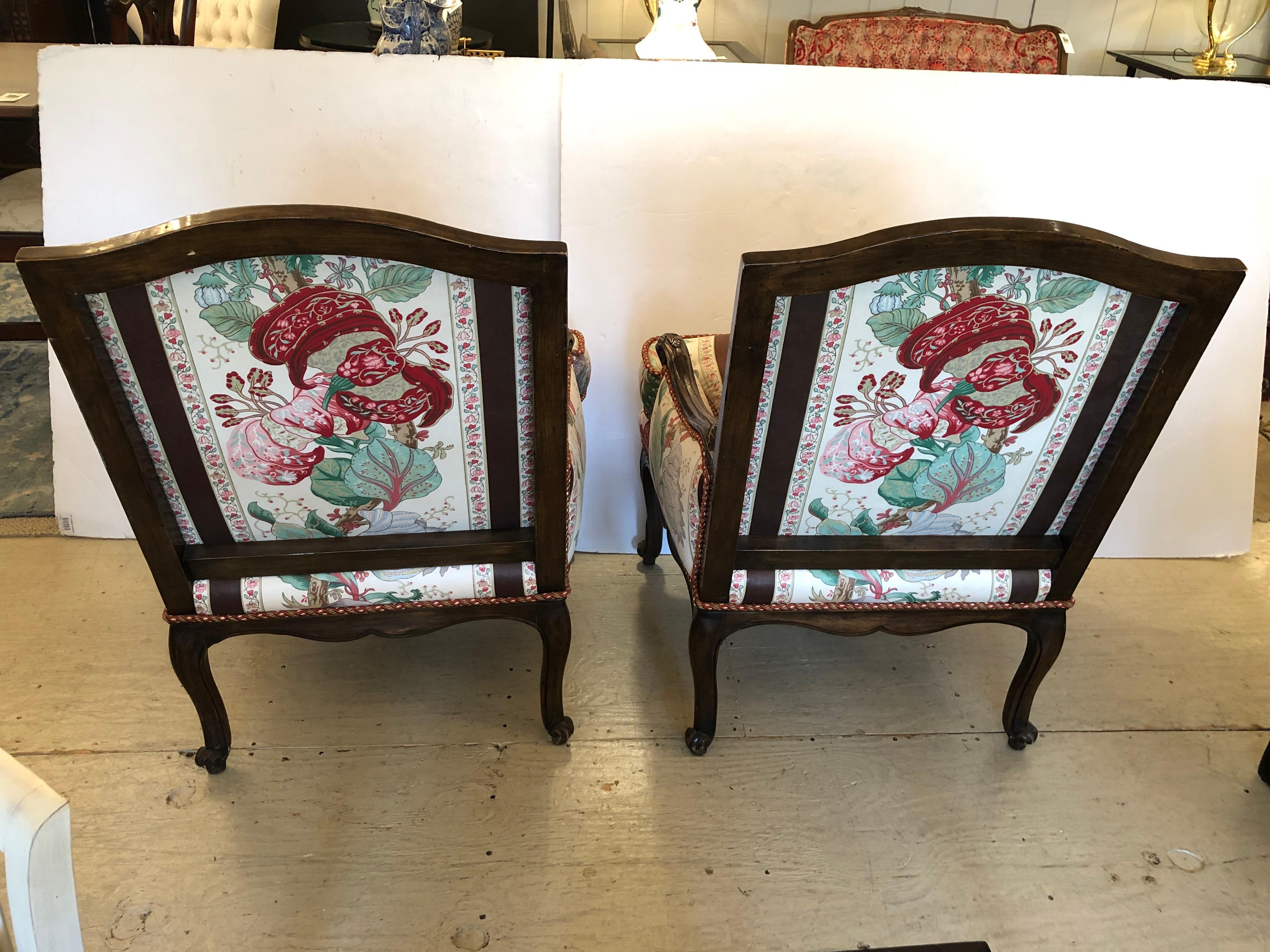 Upholstery Antique Pair of Carved Walnut & Chintz Down Filled Bergere Club Chairs For Sale