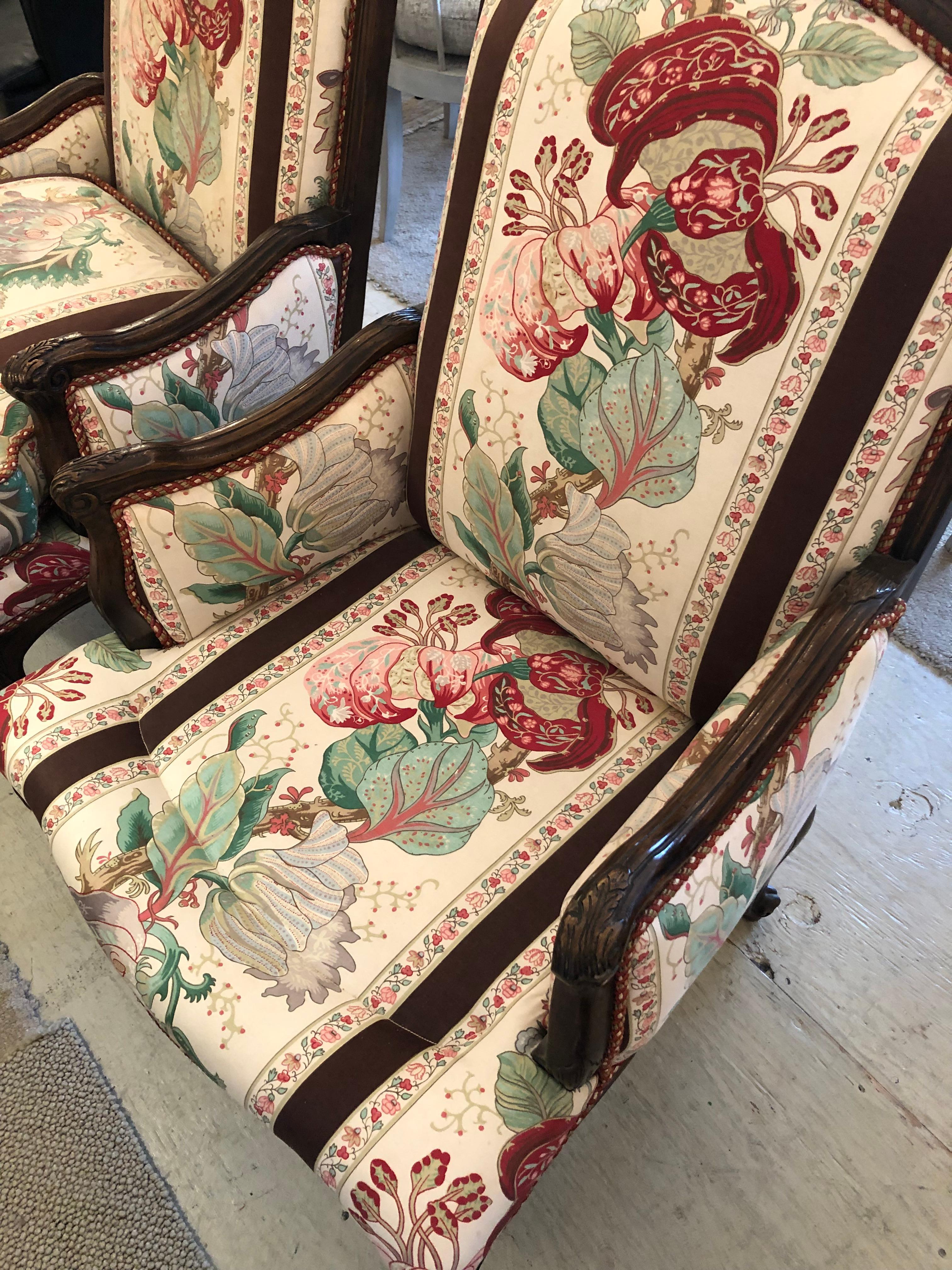 Antique Pair of Carved Walnut & Chintz Down Filled Bergere Club Chairs For Sale 1