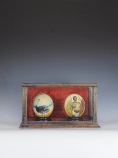 Antique Pair of Cased South African Ostrich Eggs Hand Painted