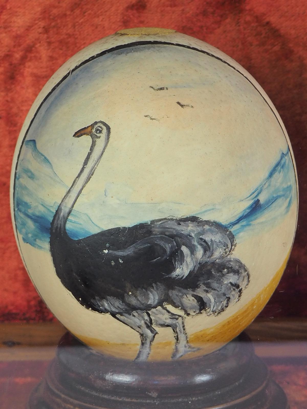 Folk Art Antique Pair of Cased South African Ostrich Eggs Hand Painted For Sale