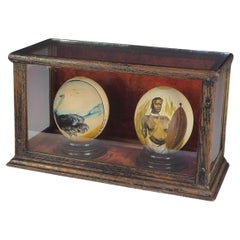 Antique Pair of Cased South African Ostrich Eggs Hand Painted