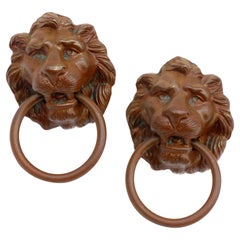 Antique Pair of Cast Bronze Lion Head Drawer Pulls w/ Rings