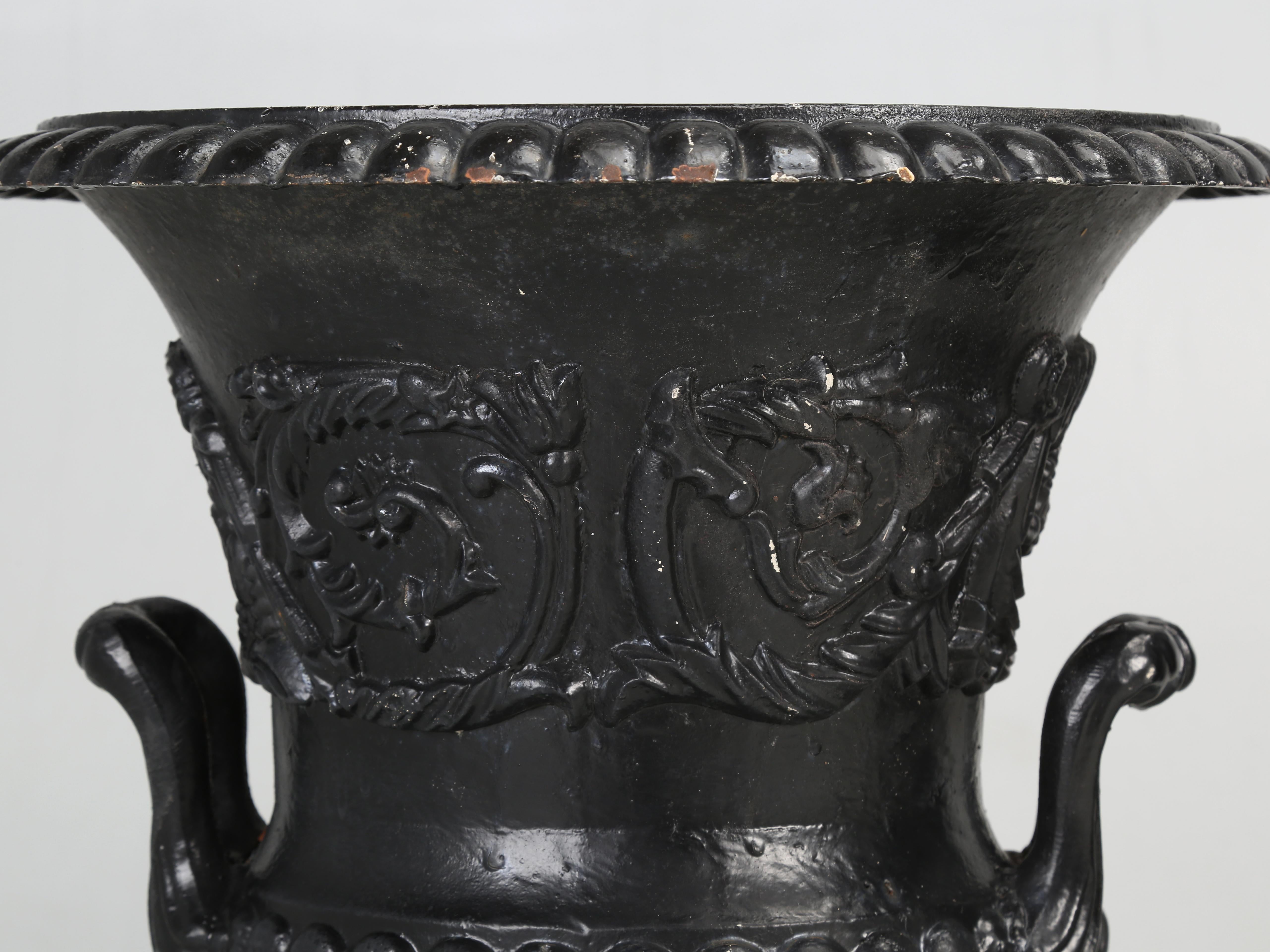Antique Pair of Cast Iron French Garden Urns in Original Condition 2