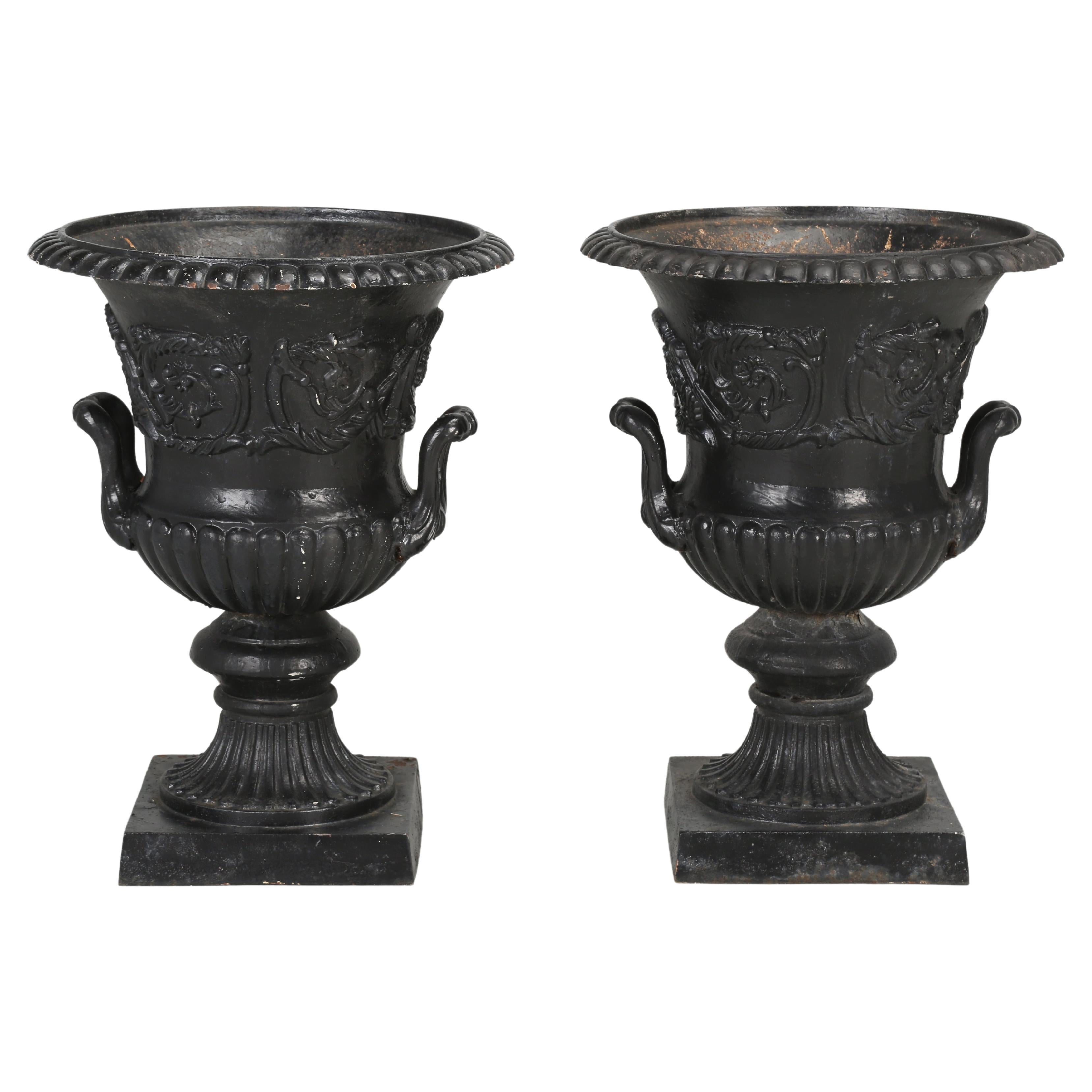 Antique Pair of Cast Iron French Garden Urns in Original Condition