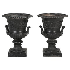 Antique Pair of Cast Iron French Garden Urns in Original Condition