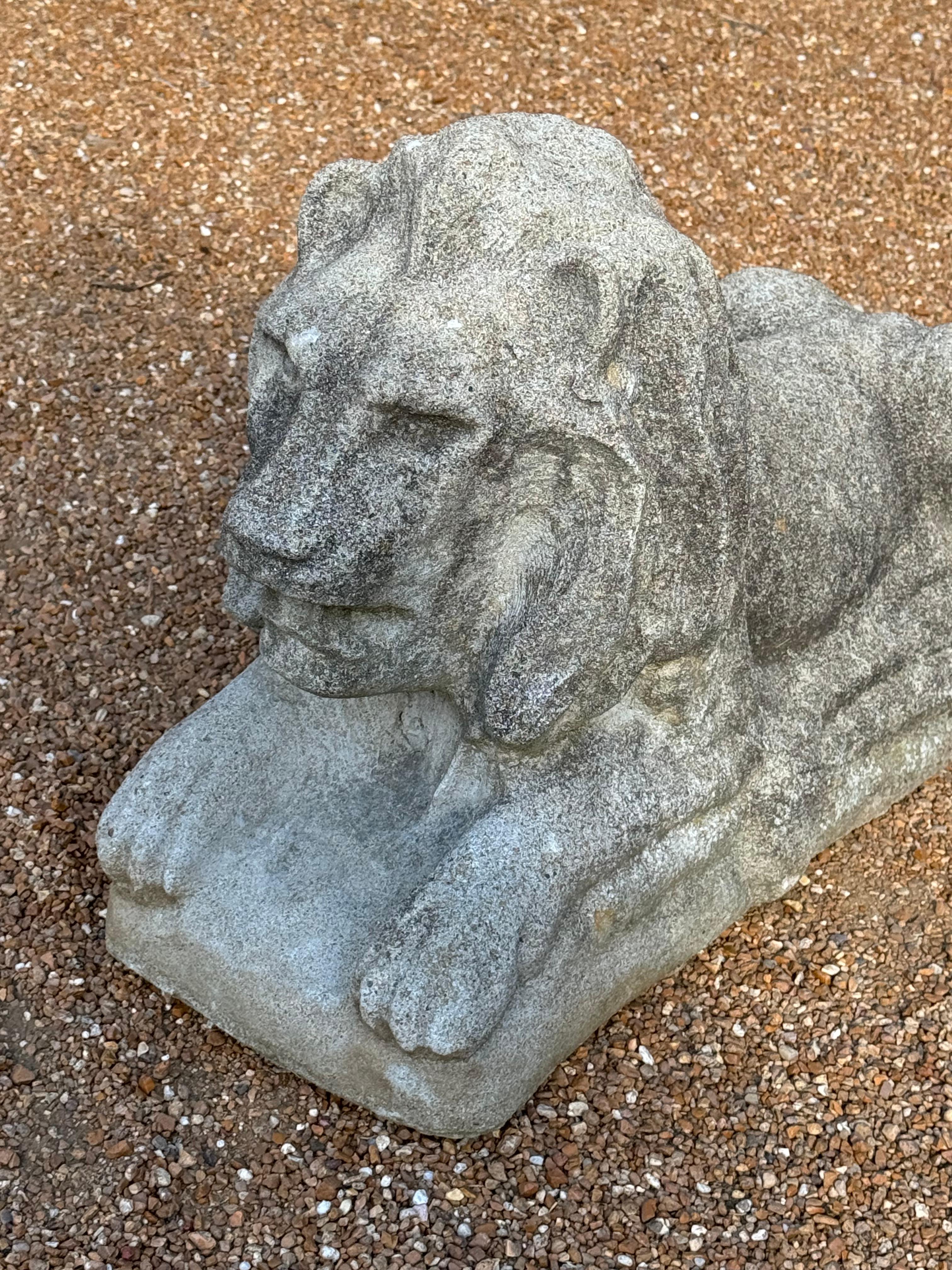 Classical Roman Antique Pair of Cast Stone Recumbent Entrance Way or Garden Lions Statues