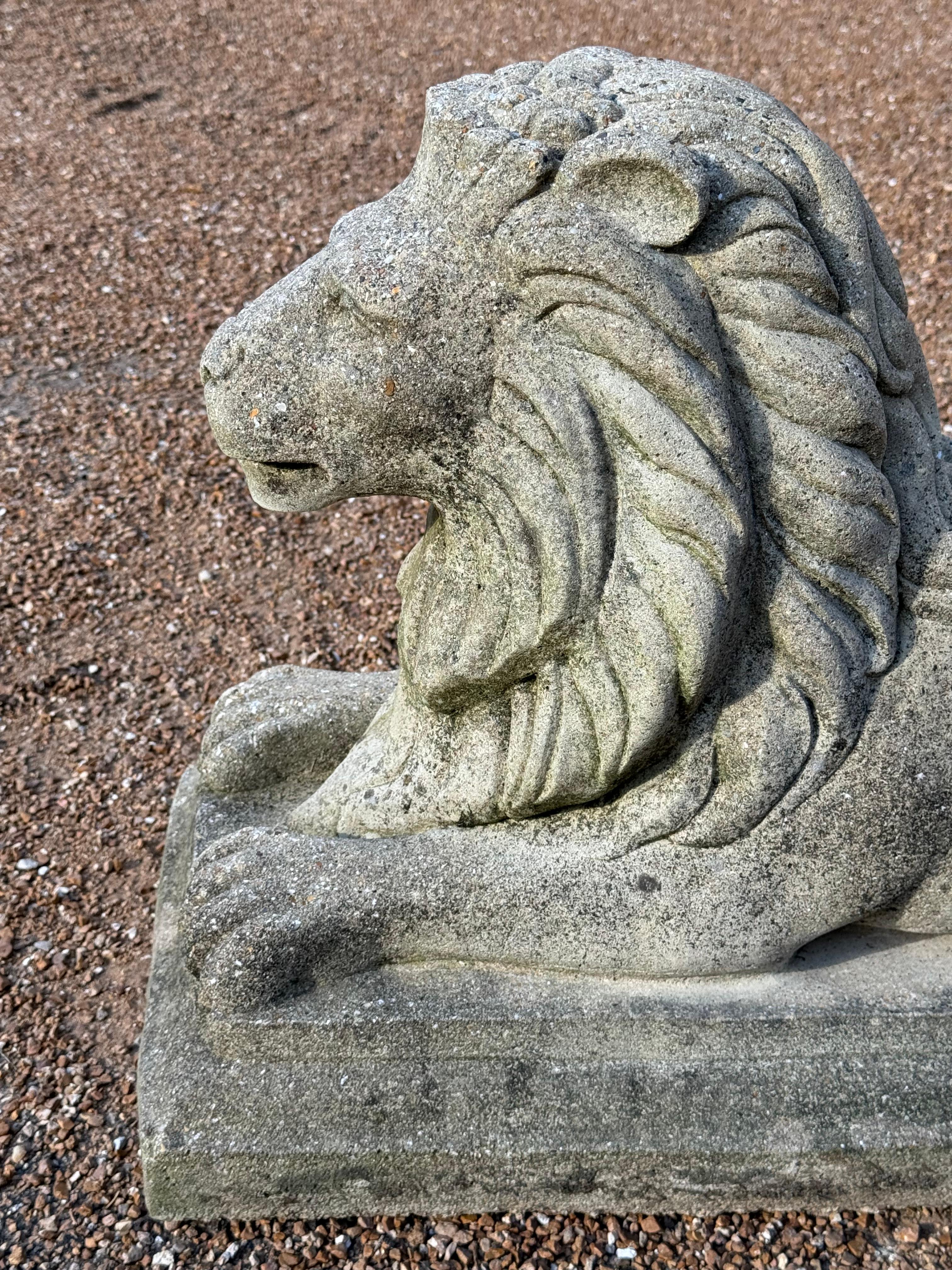 Antique Pair of Cast Stone Recumbent Entrance Way or Garden Regal Lion Statues For Sale 4