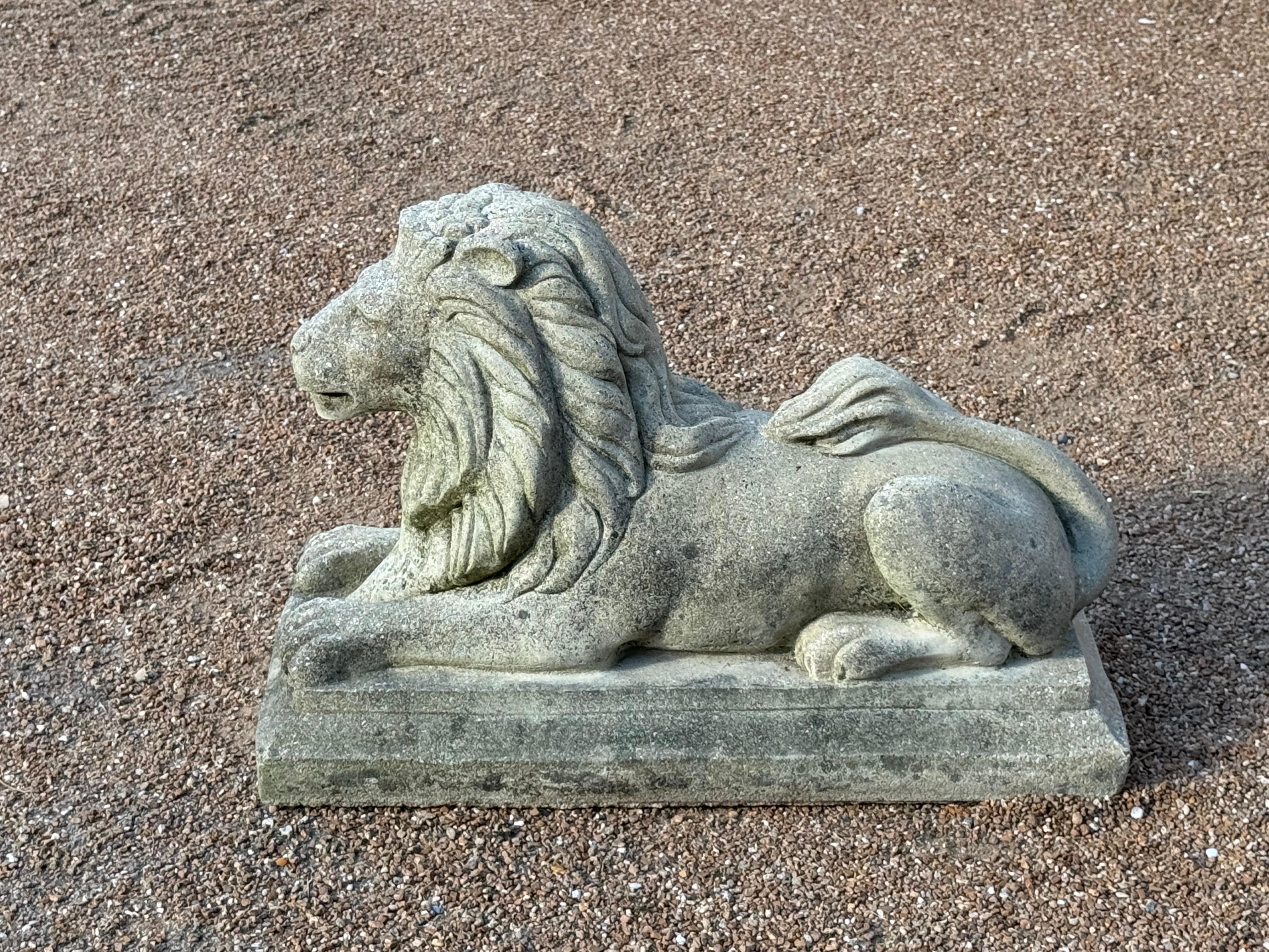Antique Pair of Cast Stone Recumbent Entrance Way or Garden Regal Lion Statues For Sale 6