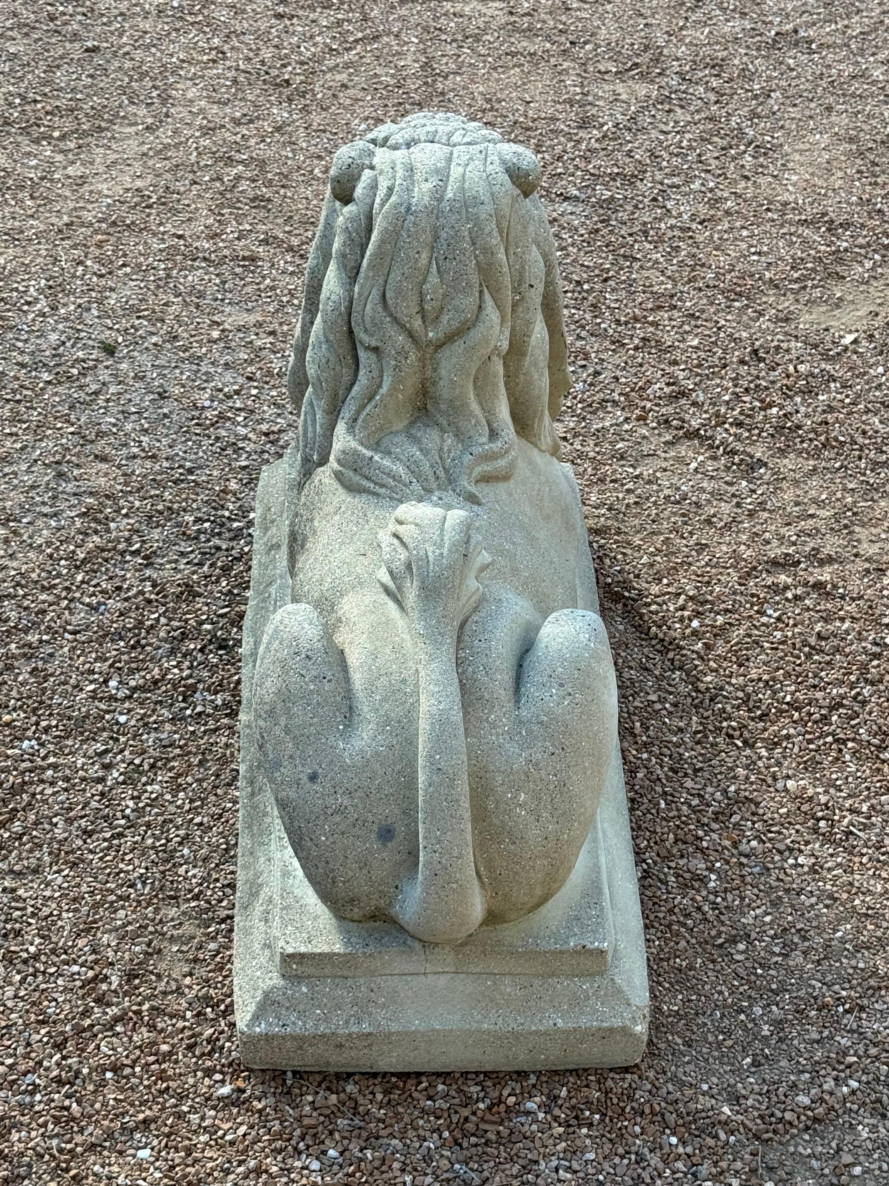 Antique Pair of Cast Stone Recumbent Entrance Way or Garden Regal Lion Statues For Sale 7