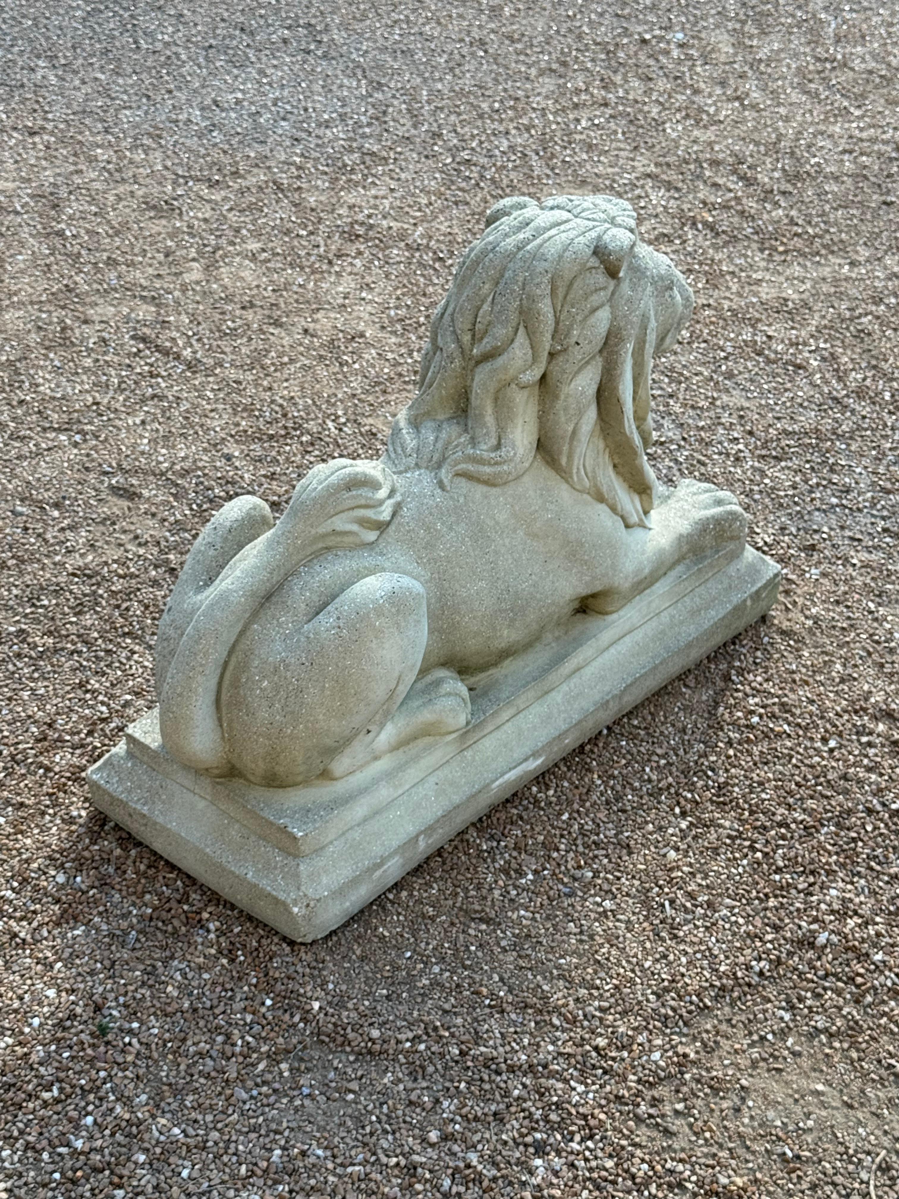Antique Pair of Cast Stone Recumbent Entrance Way or Garden Regal Lion Statues For Sale 8