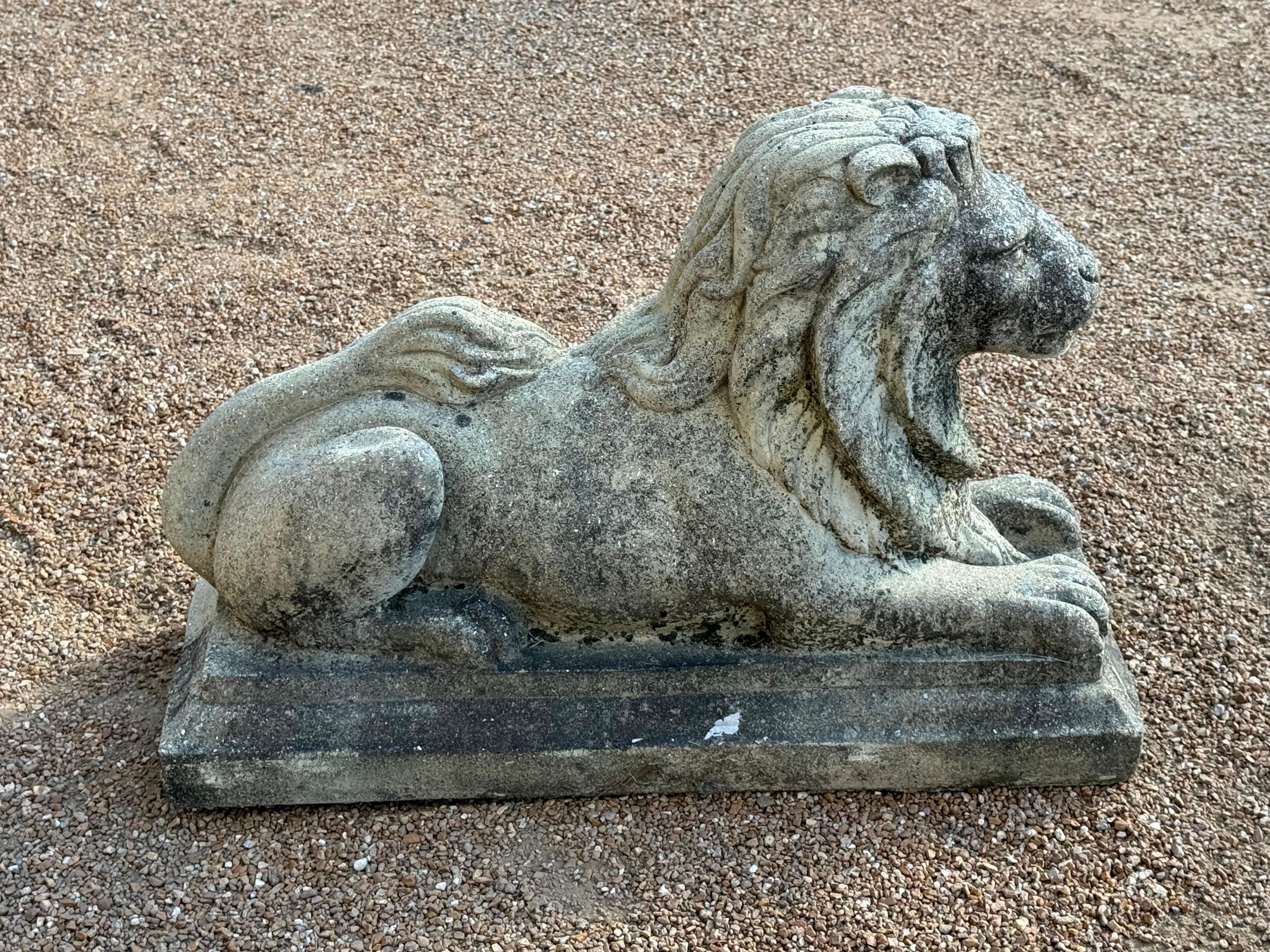 Antique Pair of Cast Stone Recumbent Entrance Way or Garden Regal Lion Statues For Sale 9