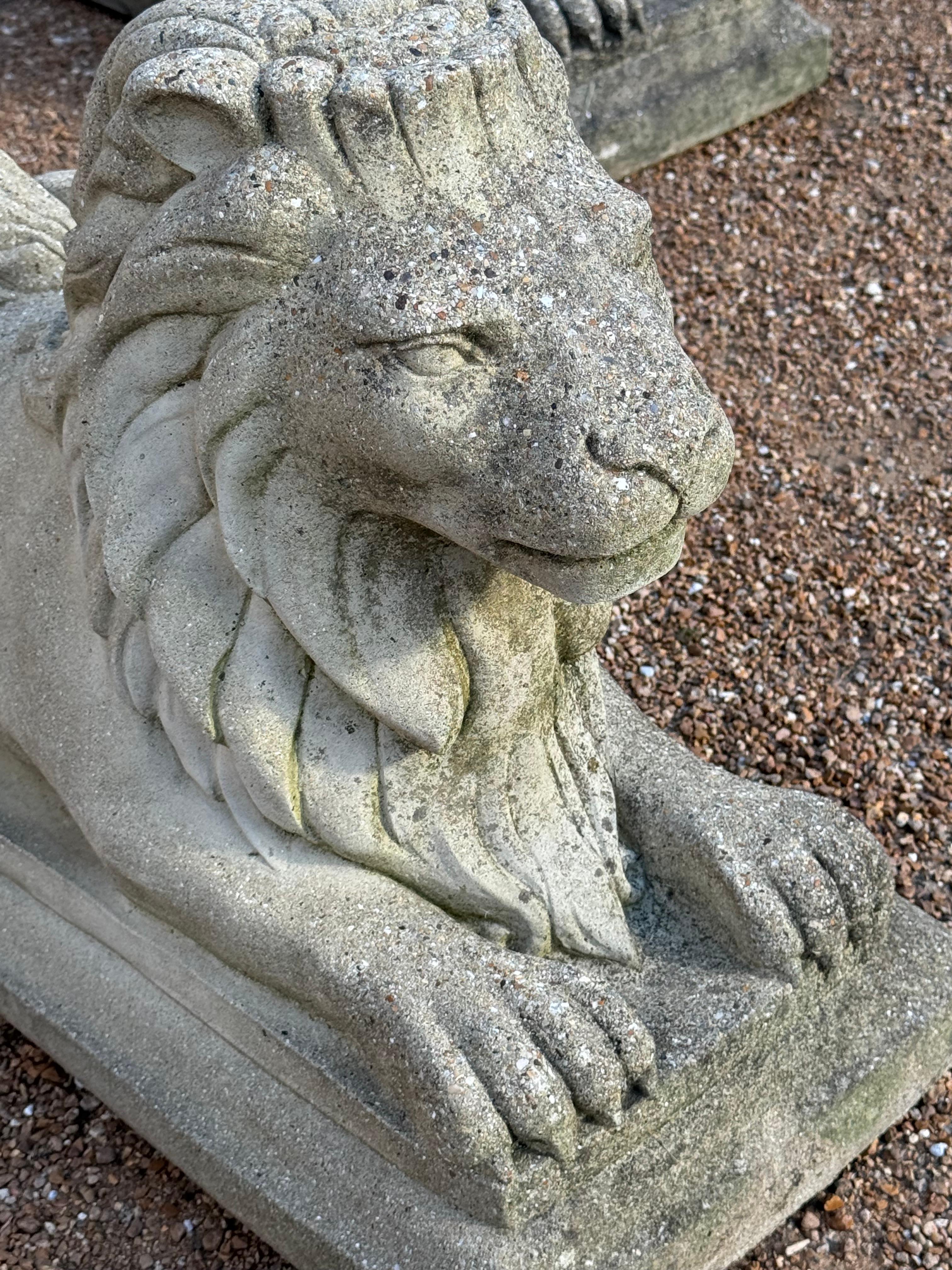 Antique Pair of Cast Stone Recumbent Entrance Way or Garden Regal Lion Statues For Sale 10