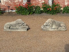Antique Pair of Cast Stone Recumbent Entrance Way or Garden Regal Lion Statues