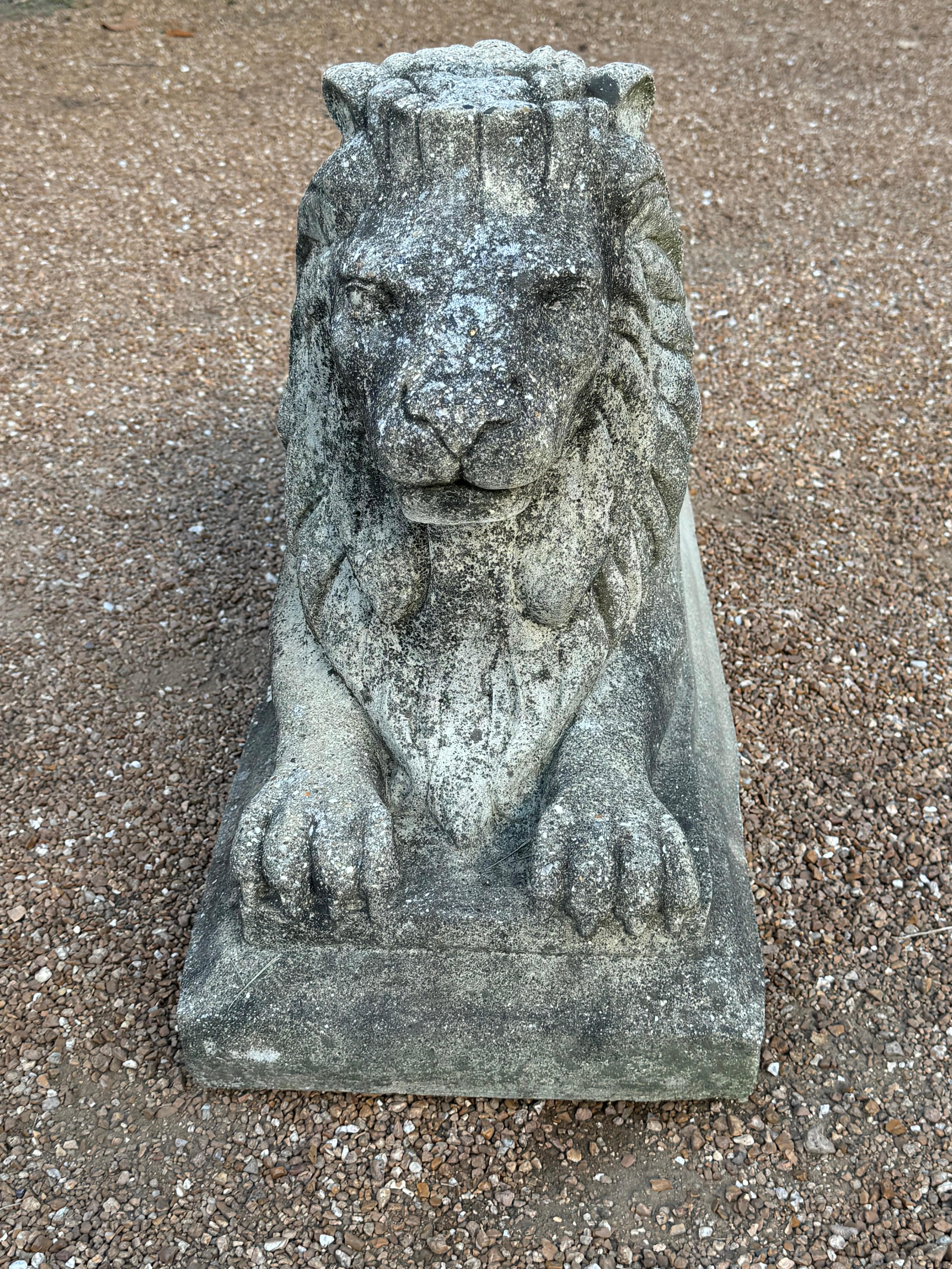 Antique Pair of Cast Stone Recumbent Entrance Way or Garden Regal Lion Statues In Good Condition For Sale In St. Louis, MO
