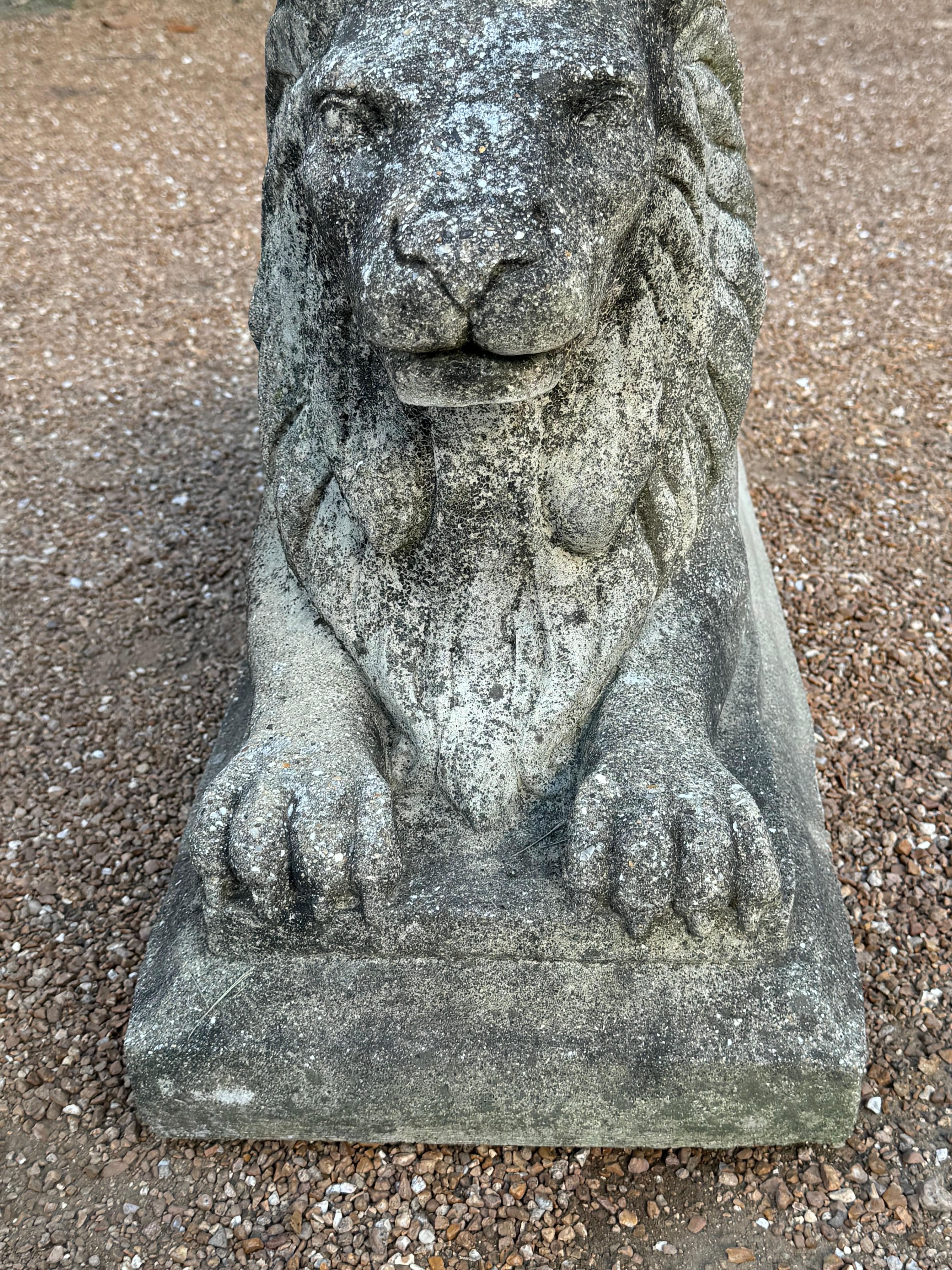 Antique Pair of Cast Stone Recumbent Entrance Way or Garden Regal Lion Statues For Sale 1